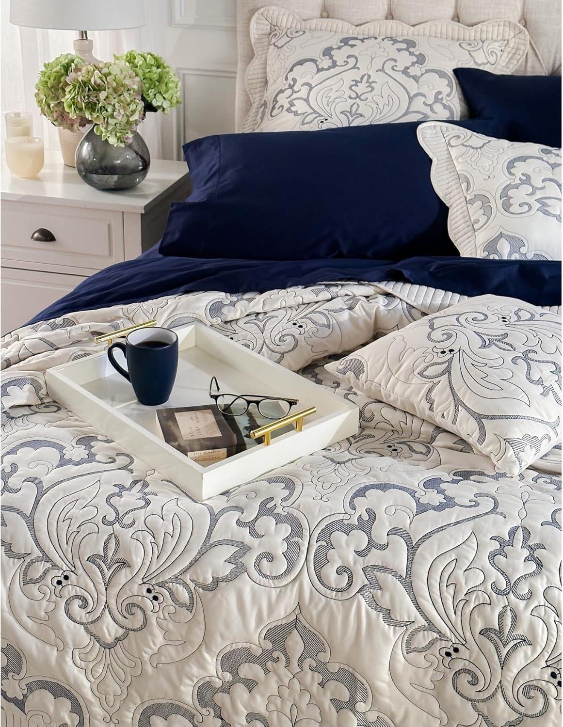 Ashley Blue Full Quilted Damask Polyester Bedspread