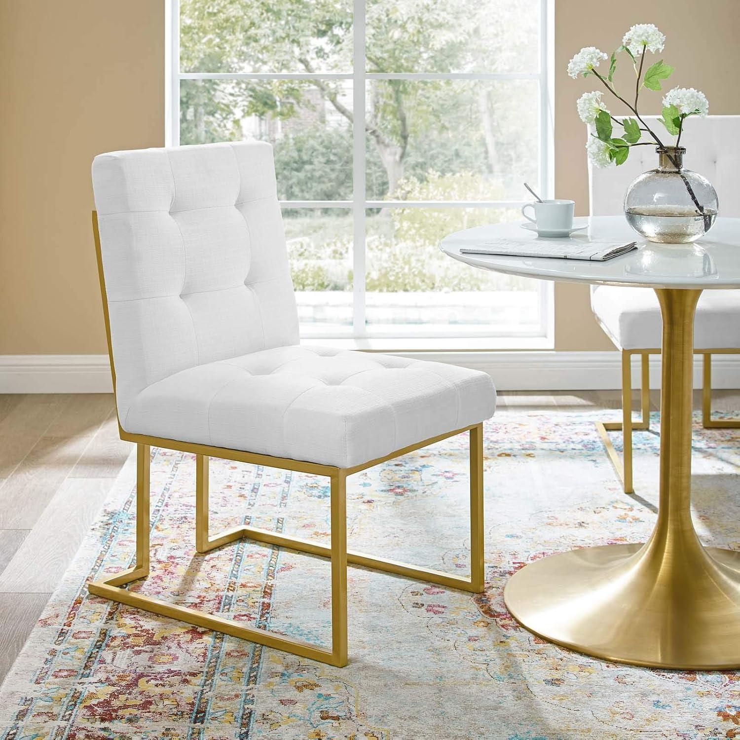 White Tufted Upholstered Dining Chair with Gold Stainless Steel Frame