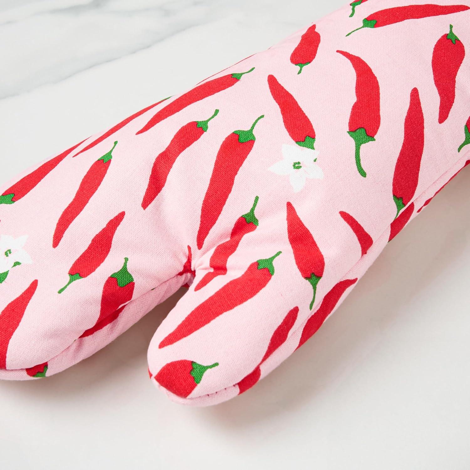 kate spade new york Hot Hot Hot Peppers Oven Mitt 2-Pack Set, Heat Resistant, 100% Cotton, Red/Pink, 7"x13"
