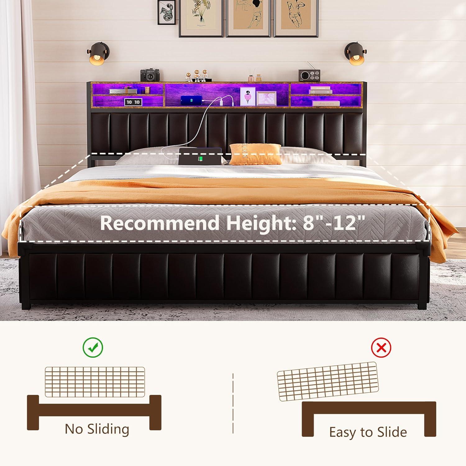 Kanchi Upholstered Metal Platform LED Bed Frame with 4 Storage Drawers and Bookcase Headboard, Black