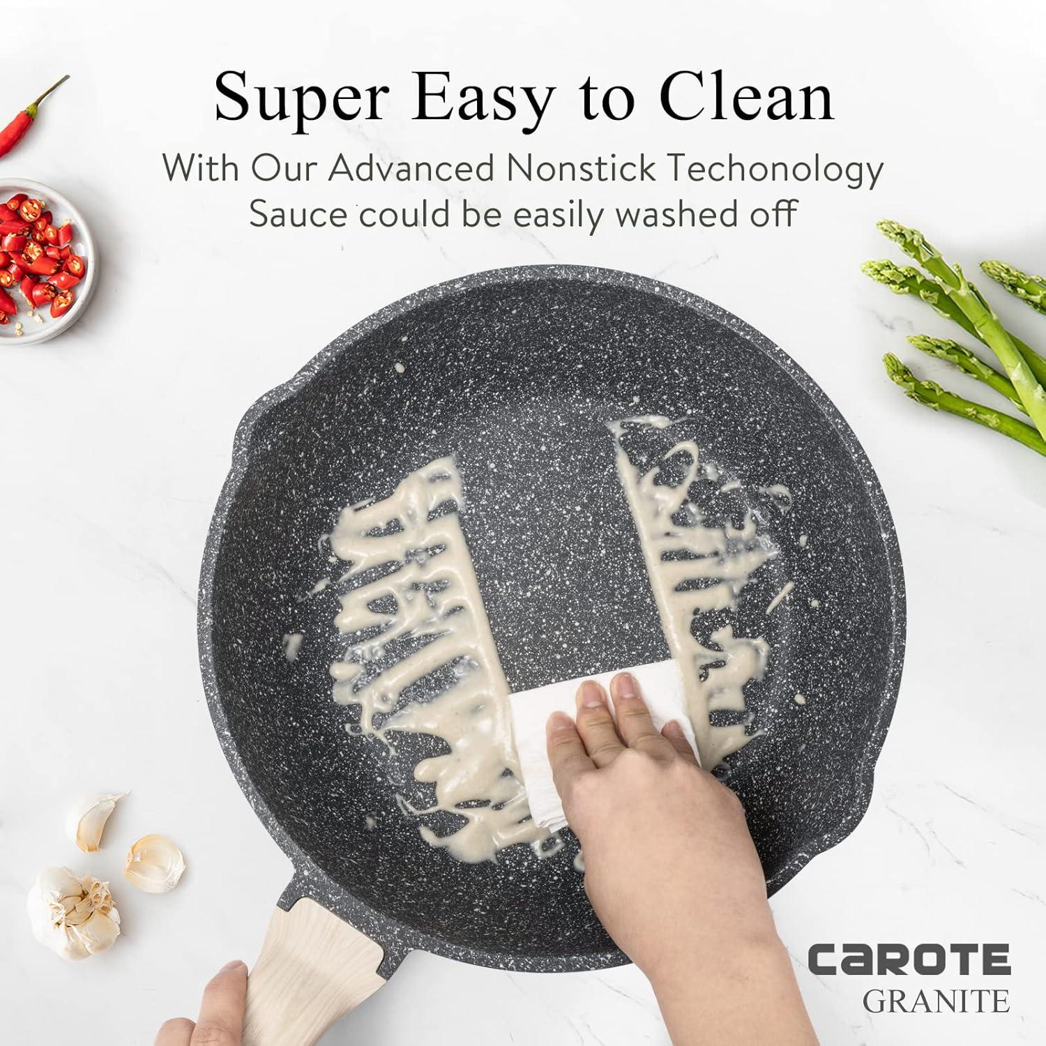 Granite Nonstick Deep Frying Pan with Lid and Wooden Handle