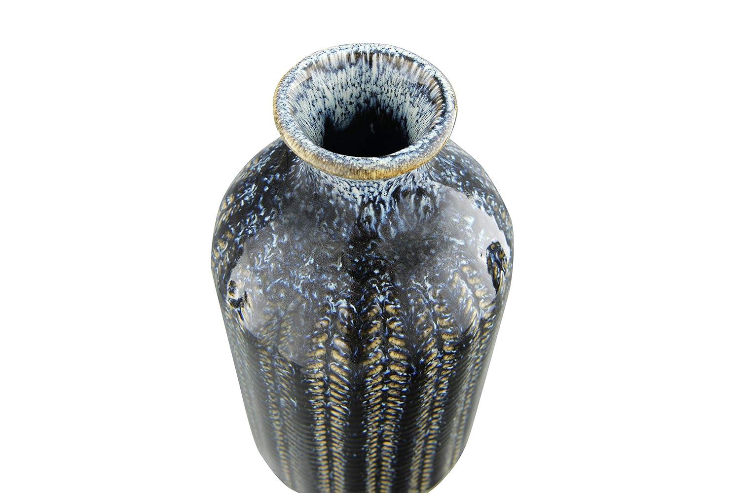 Creative Co-Op Round Embossed Stoneware Vase with Vertical Lines and Reactive Glaze Finish, Blue, Set of 3