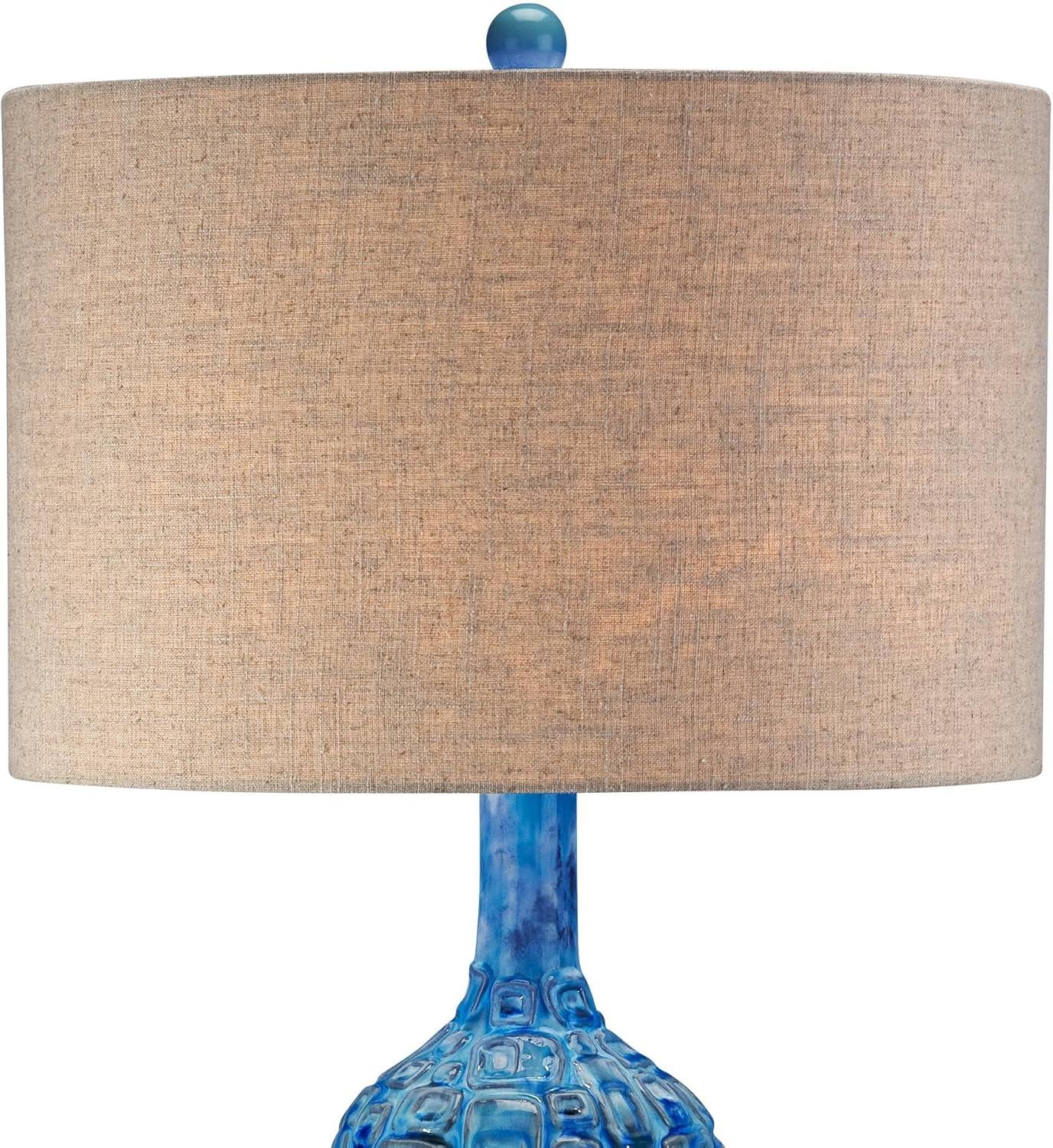 Possini Euro Design Mid Century Modern Table Lamp Ceramic Tiled Teal Tall Tan Linen Drum Shade for Living Room Family Bedroom (Colors May Vary)