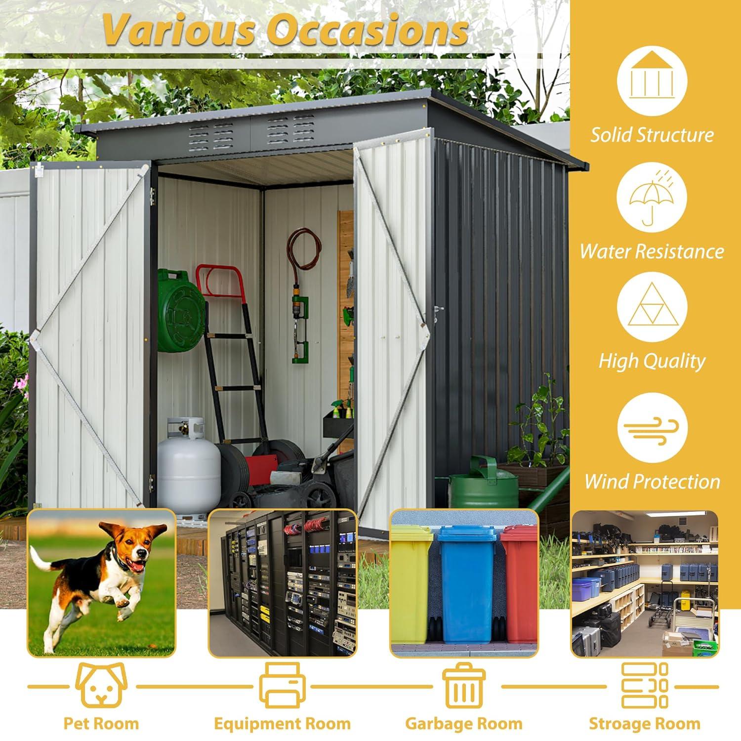 6x4 FT Backyard Garden Tools Storage Shed,Black Aluminium Frame Storage Shed,Metal Outdoor Storage Shed with Lockable Door and Floor Frame-Coolbibila