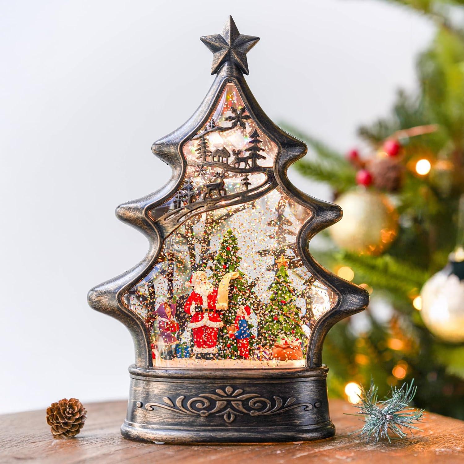 Bronze Christmas Tree Lantern Snow Globe with Santa Scene