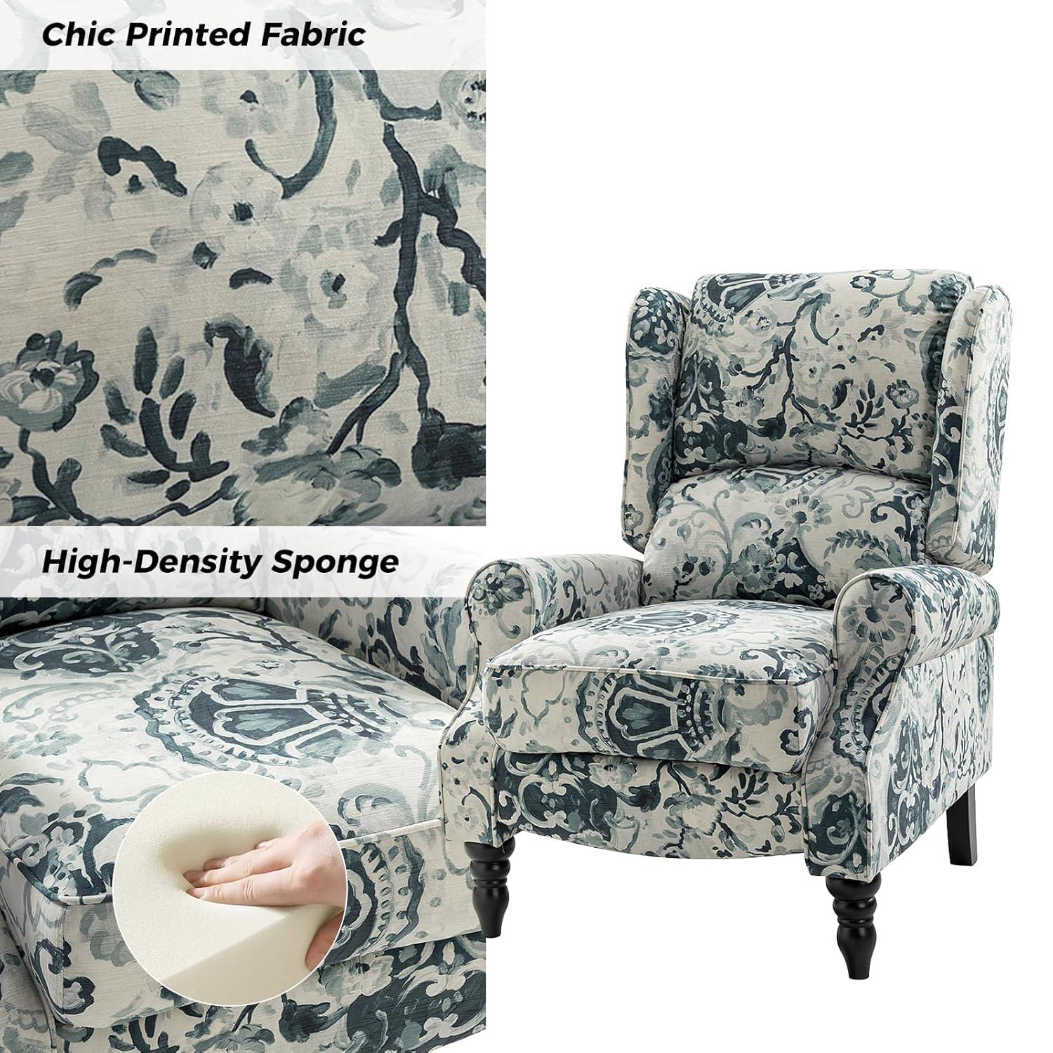 Floral Blue and White Upholstered Wingback Recliner with Rubber Wood Legs