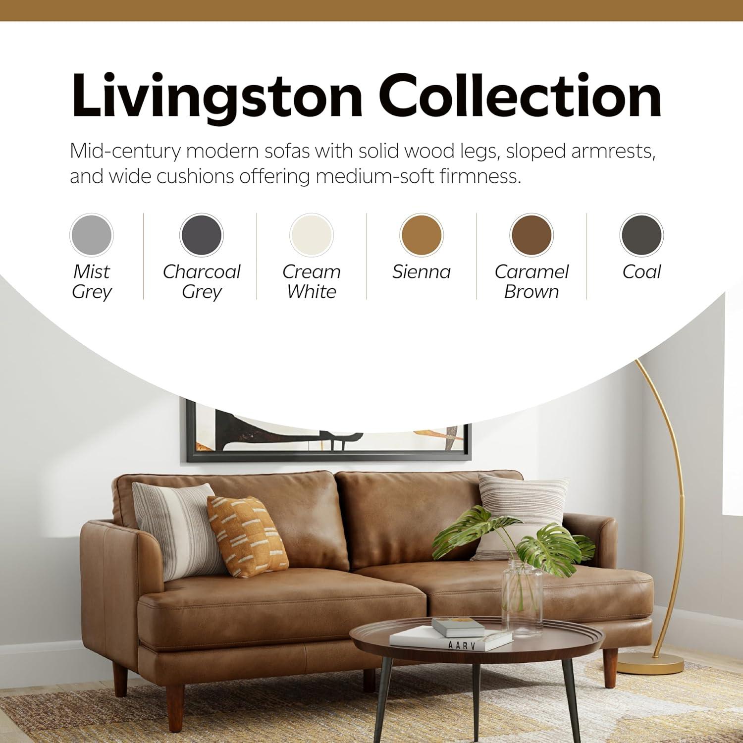 Simpli Home Livingston Top Grain Genuine Leather Mid-Century Modern Sofa With Solid Wood Frame For Living Room