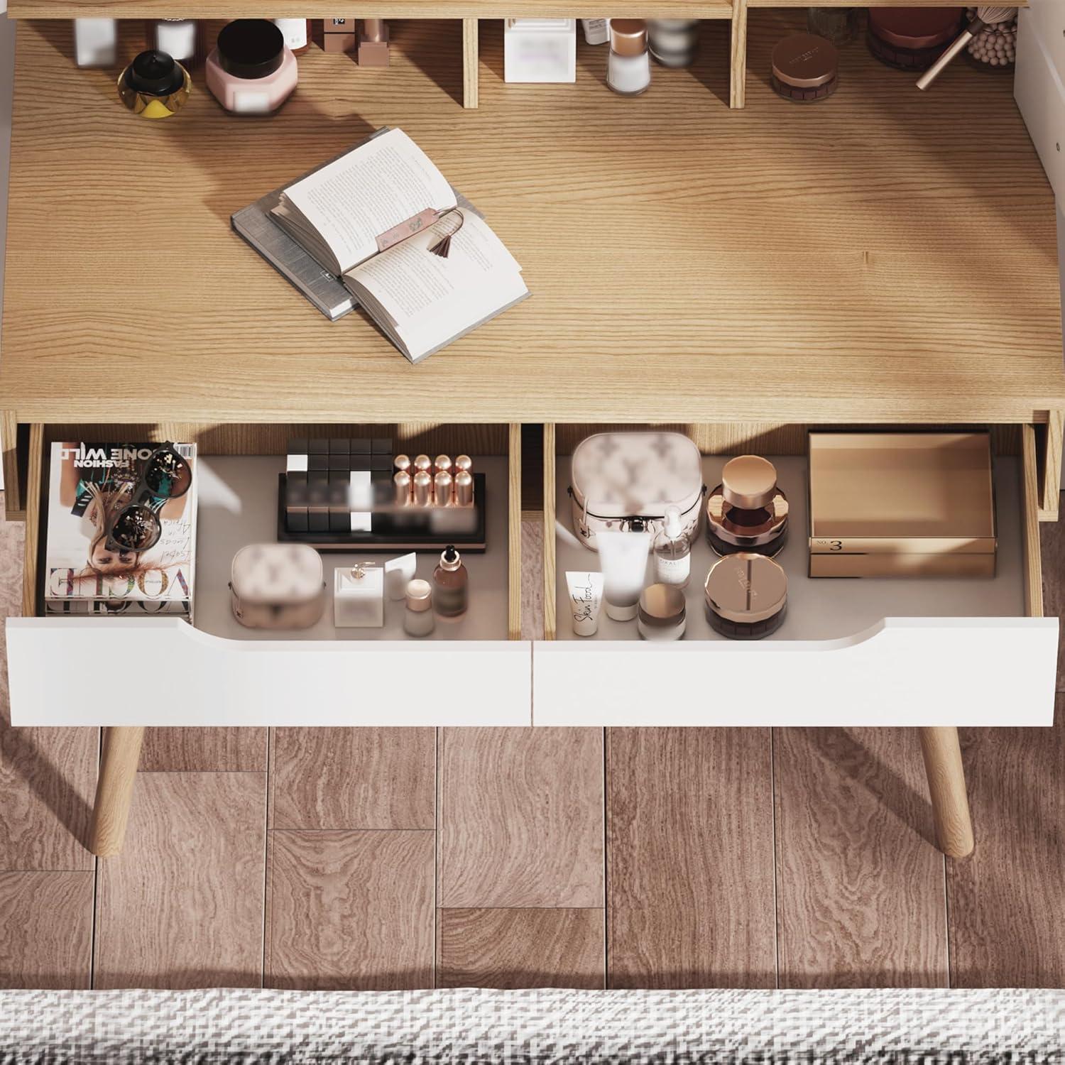 Vanity Desk with Mirror and Lights, White Makeup Vanity Chair Set with Fold-up Panel, Dressing Table with 5 Drawers and Shelves, 3 Lighting Modes, Brightness Adjustable