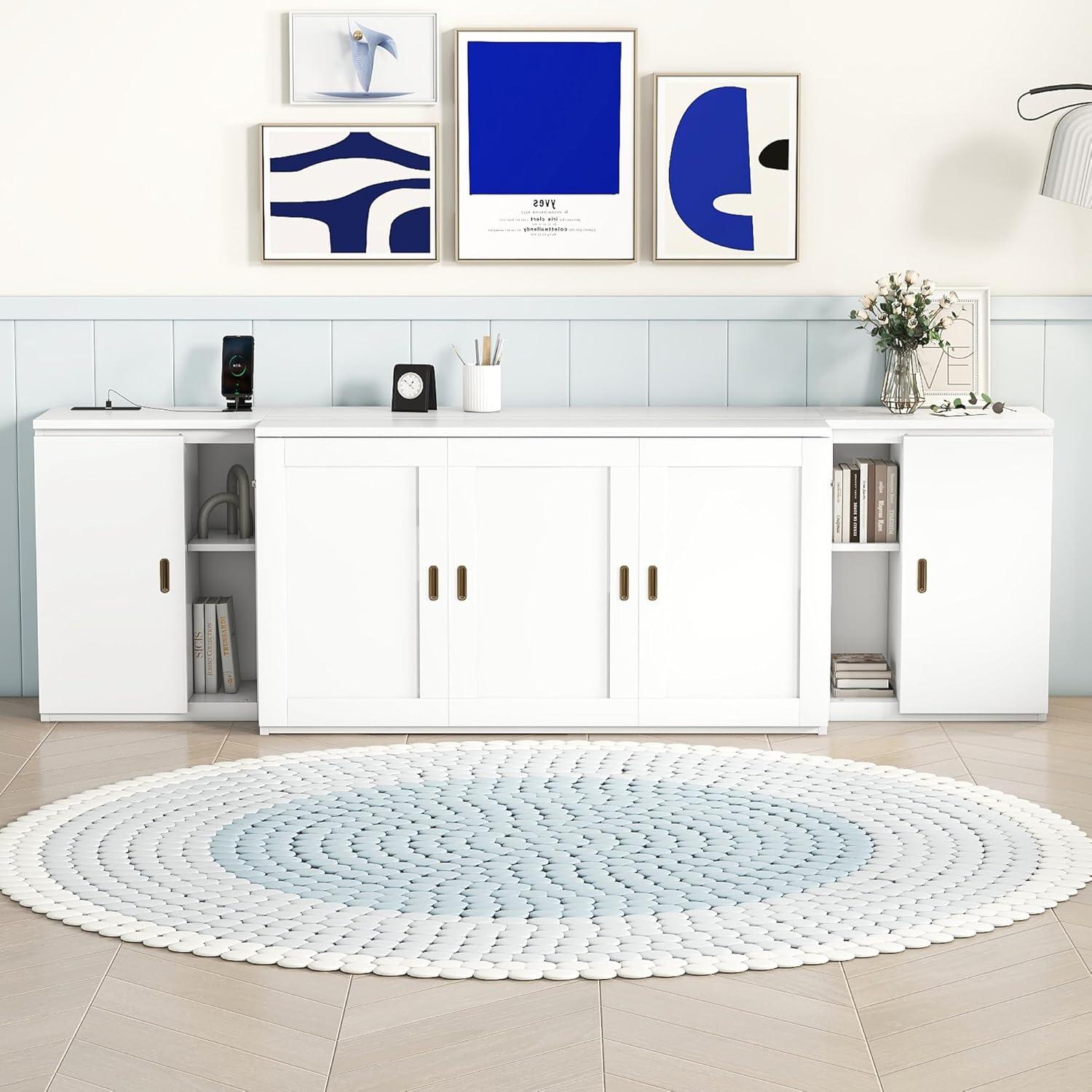 Queen Size Murphy Bed with Shelves, Cabinets and USB Ports, Space-Saving Wall Bed Frames