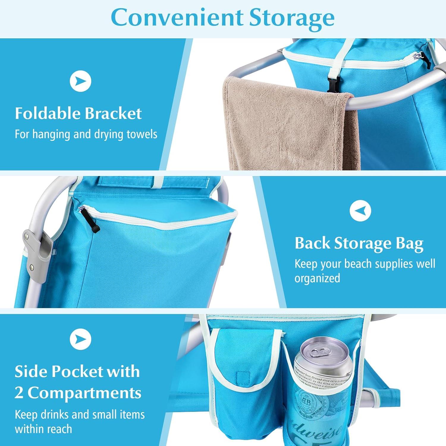 Barara King Folding Chair, Outdoor Lounge Chair,Foldable Backpack Beach Chair with Cup Holder and Storage Pockets Set of 2-Blue