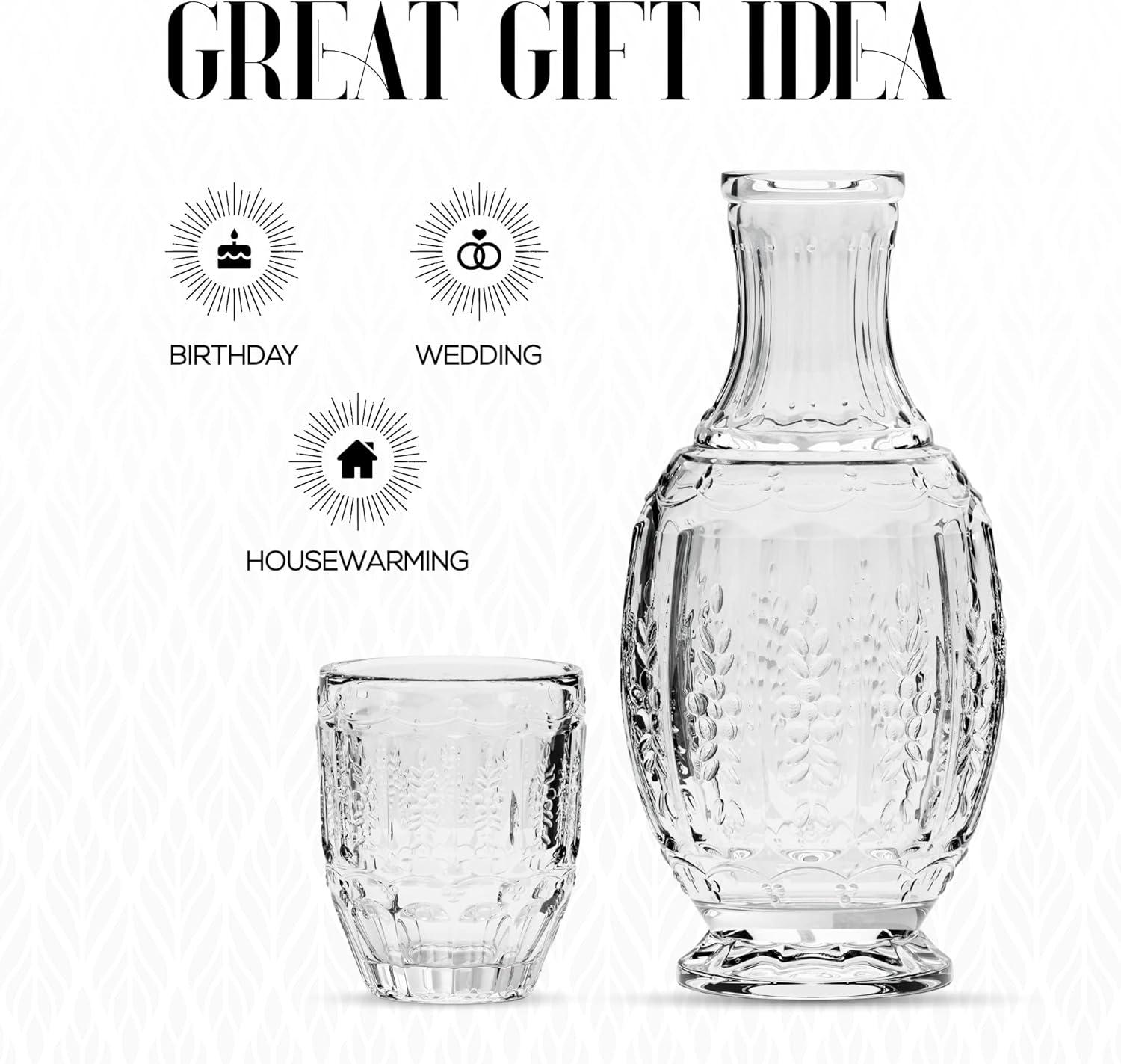 Elle Décor Vintage Night Bedside 33 oz. Water Carafe With Tumbler, 2-Piece Set,Clear