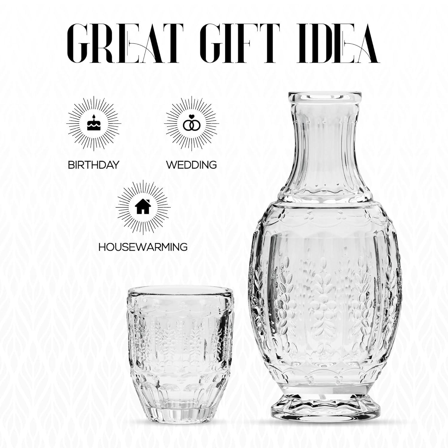 Elle Décor Vintage Night Bedside 33 oz. Water Carafe With Tumbler, 2-Piece Set,Clear