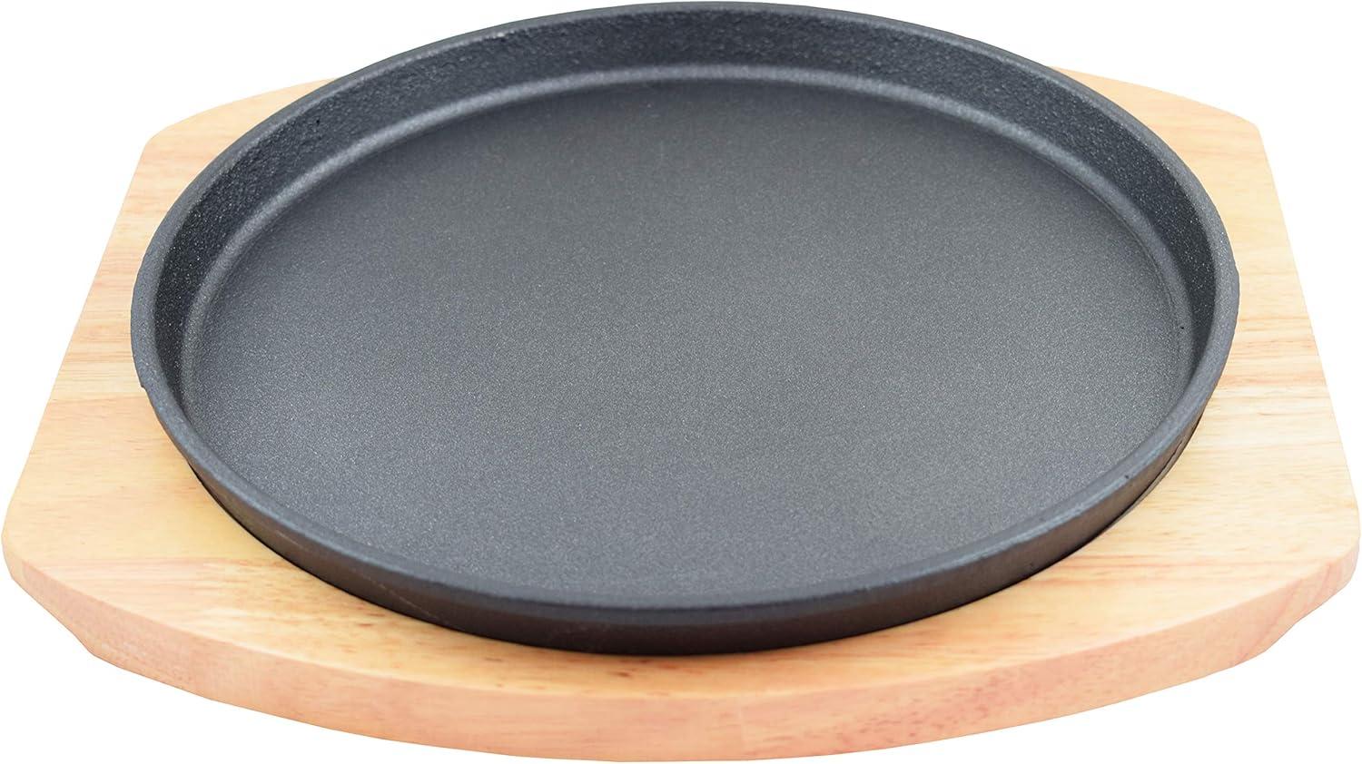 Round Cast Iron Set W/ Rubber Wood Underliner For Making Pizza, Sizzling meat (11.80")