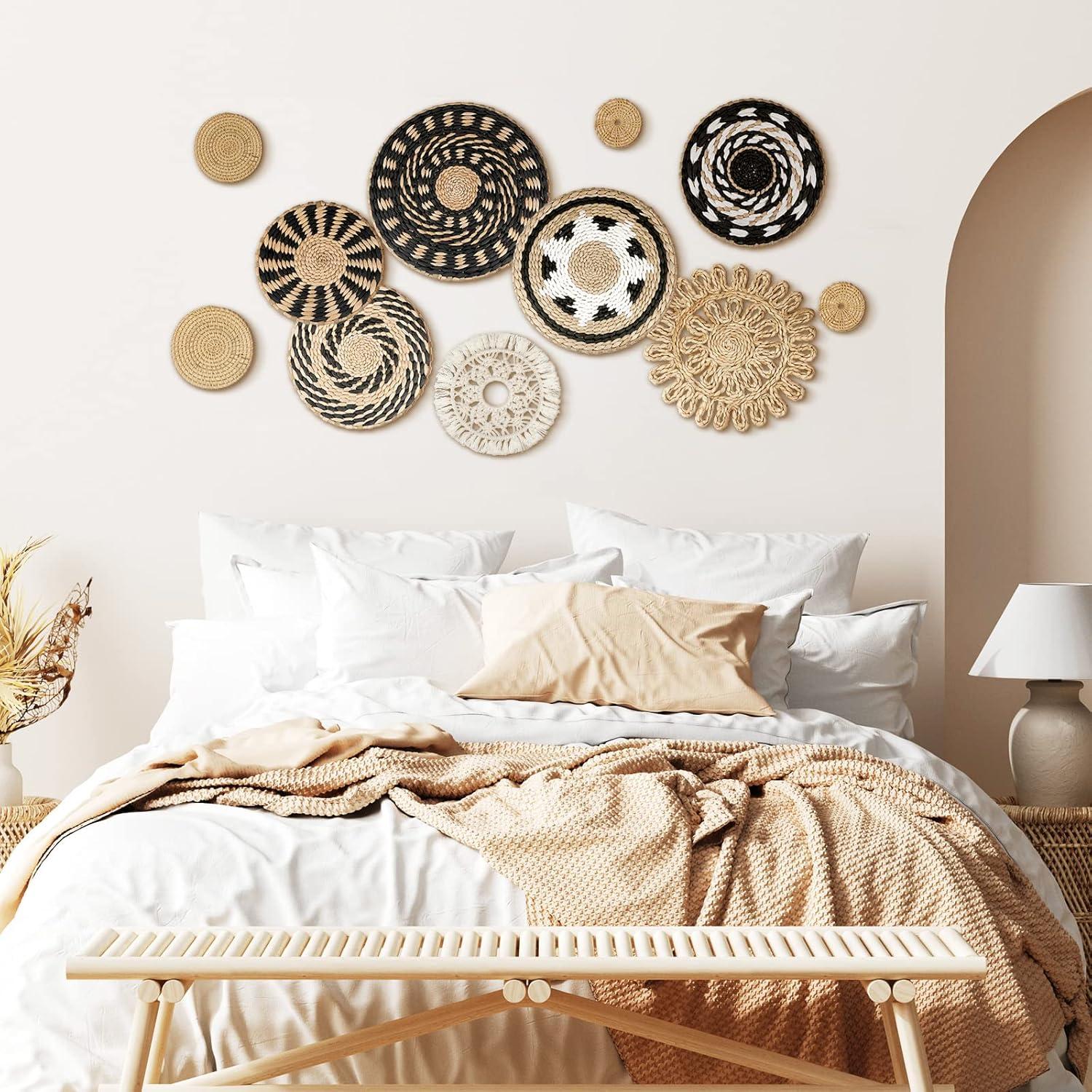 Tatuo 11 Pcs Boho Wall Basket Decor Decorative Bulrush Woven Basket Wall Decor Art Round Farmhouse Hanging Baskets for Kitchen Rustic Home Summer Decorations, Multi Sizes(Retro)