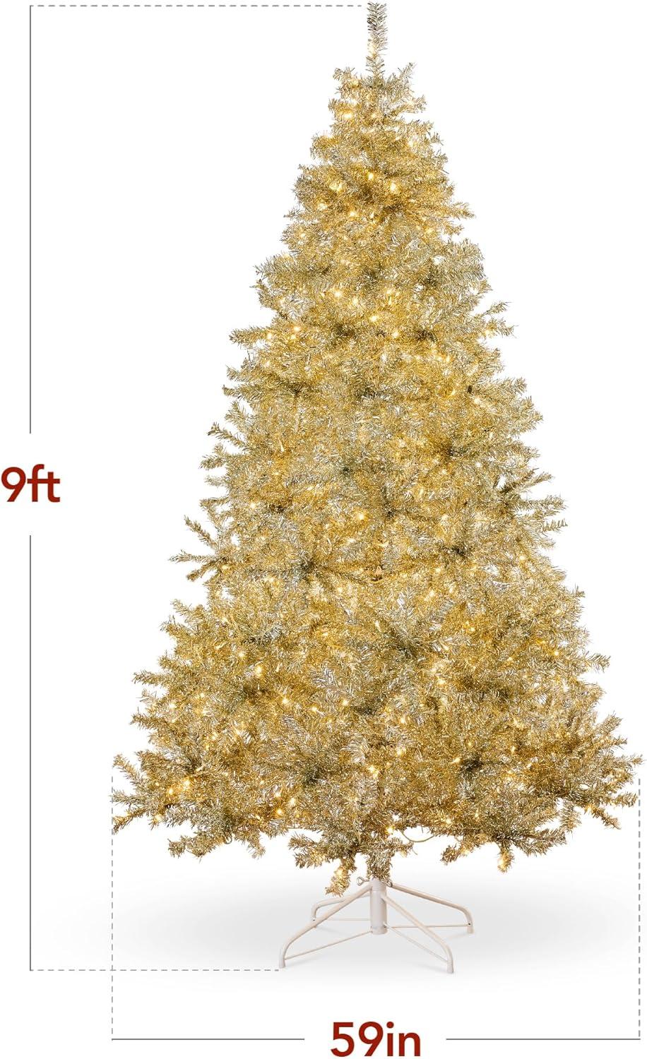Best Choice Products Prelit 9ft Artificial Tinsel Christmas Tree Festive Holiday Decoration w/ 2,097 Tips - Gold
