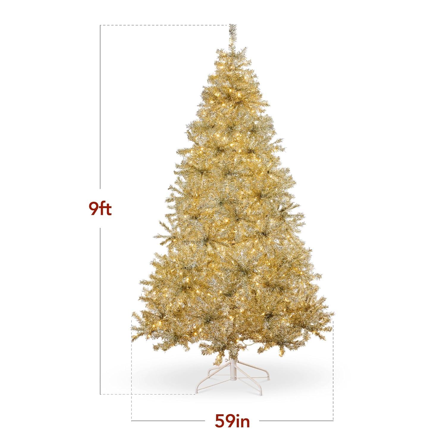 Best Choice Products Prelit 9ft Artificial Tinsel Christmas Tree Festive Holiday Decoration w/ 2,097 Tips - Gold