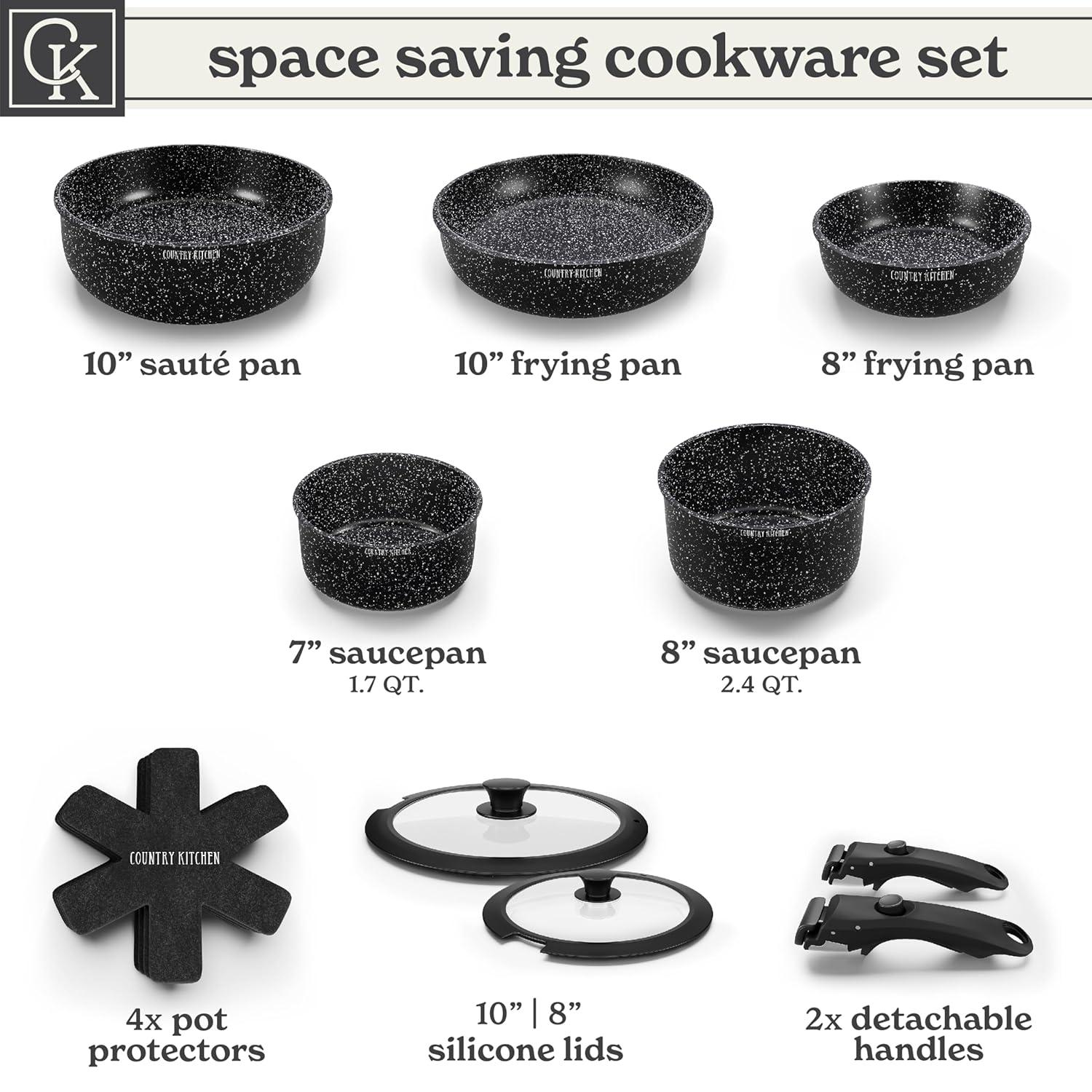 Country Kitchen 13-Pc Pots and Pans Set with Removable Handles Nonstick Cookware Set, Black