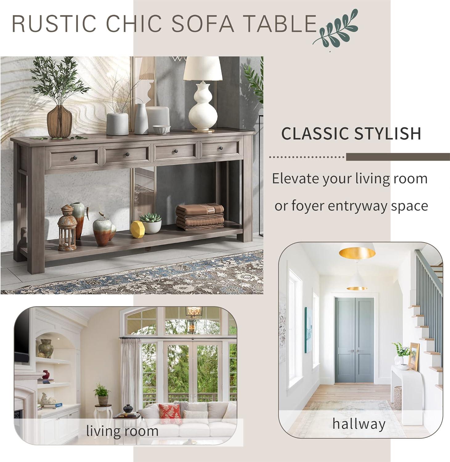 Console Table Hallway Sofa Entryway Side Table 63" Long Furniture with 4 Drawers and Bottom Shelf for Living Room Home Decor (Gray Wash)
