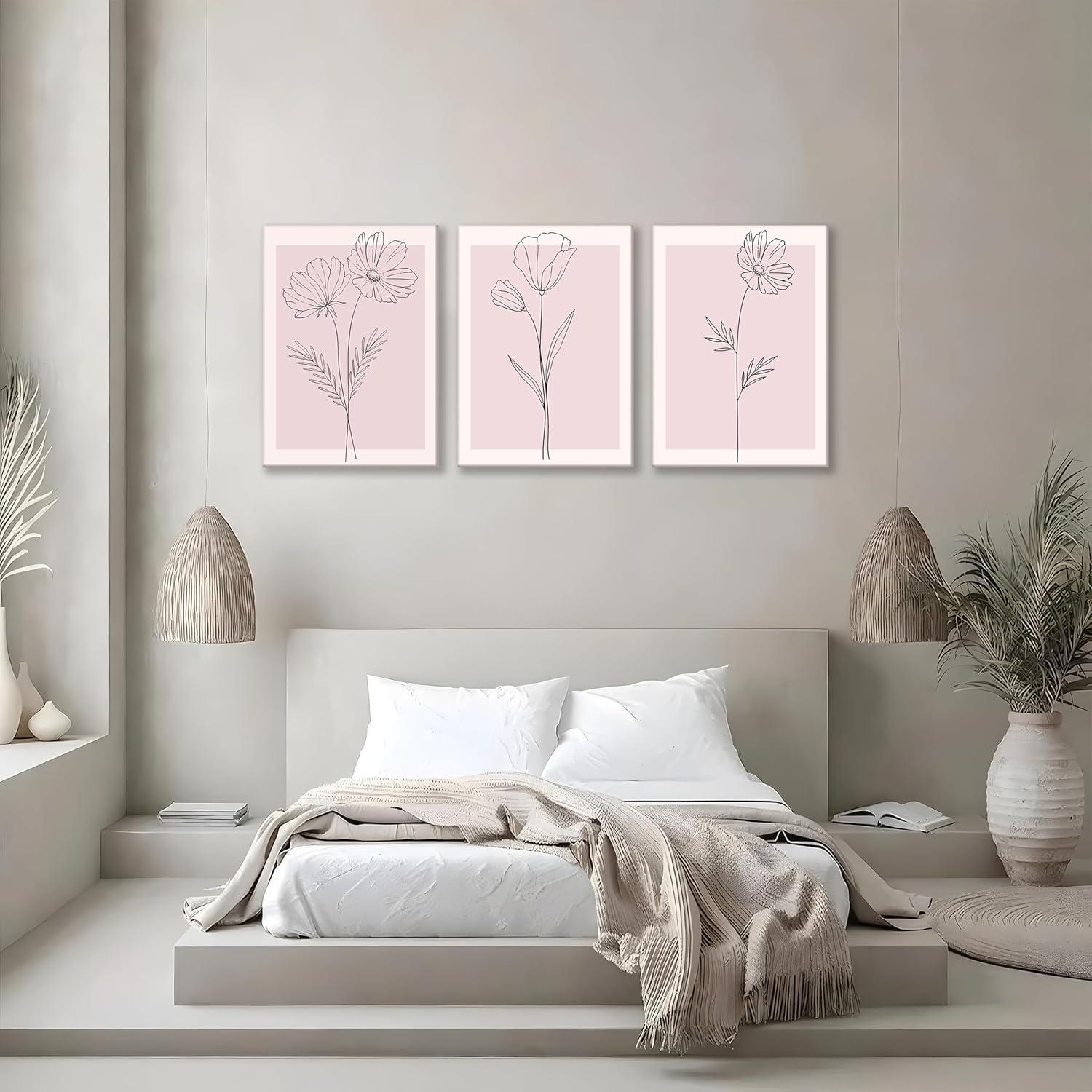 Lark Manor™ 3 Pieces Minimalism Botanical Canvas Wall Art Pink Flowers Line Plants Pictures Wall Decor Posters Print Artwork For Room Living Room Bedroom Bathroom Office Home Decoration