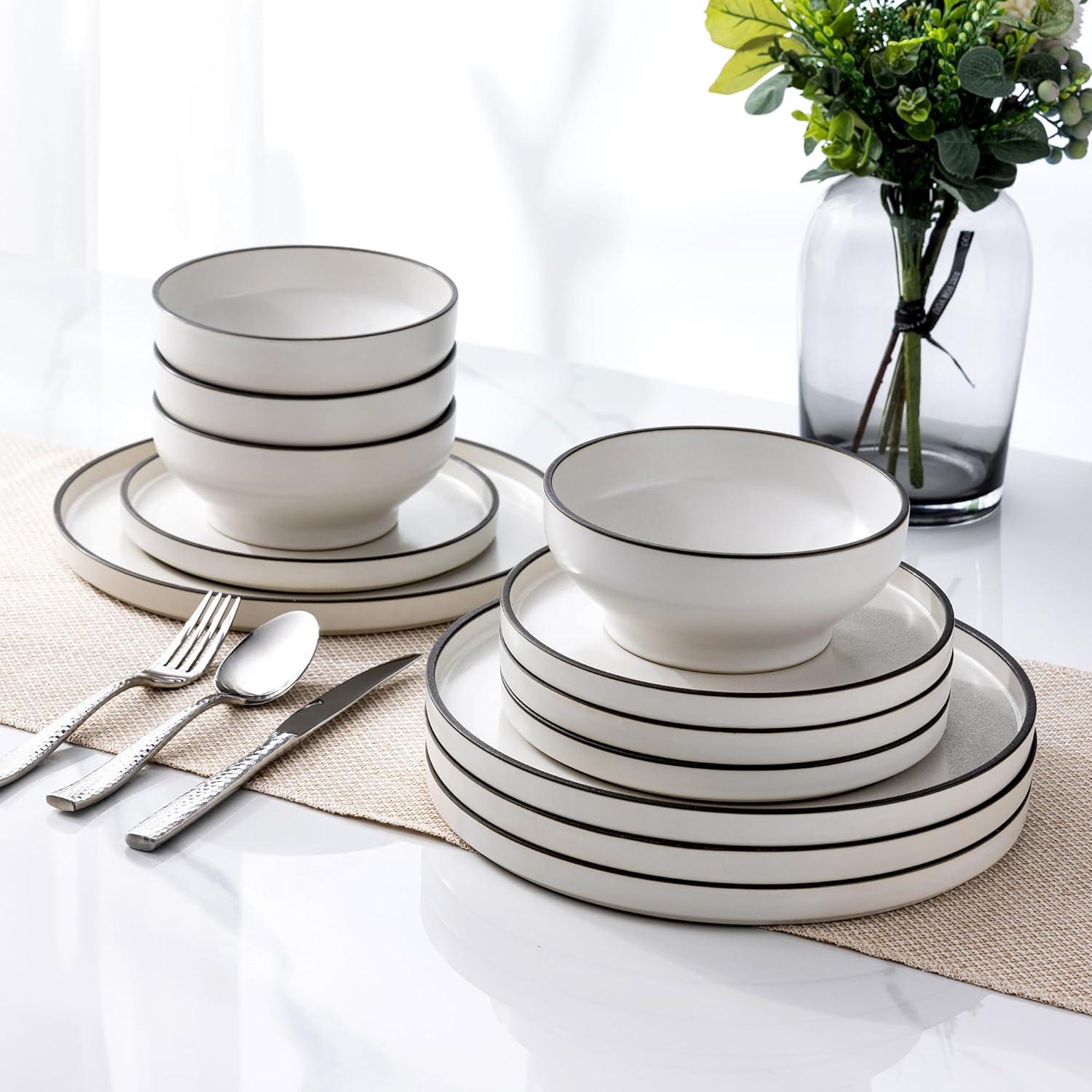 White Ceramic Dinnerware Set for 4 with High Edge Plates and Bowls