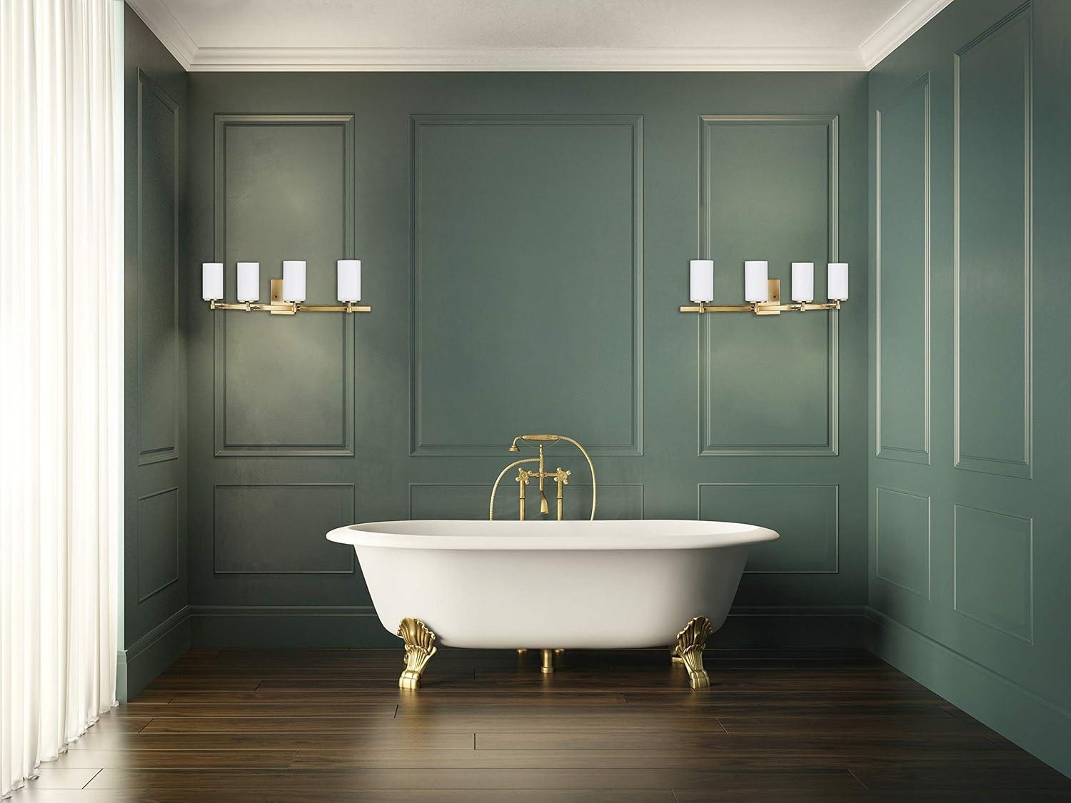 Alturas 30.5 in. 4-Light Satin Brass Modern Contemporary Wall Bathroom Vanity Light with Satin Etched Glass Shades