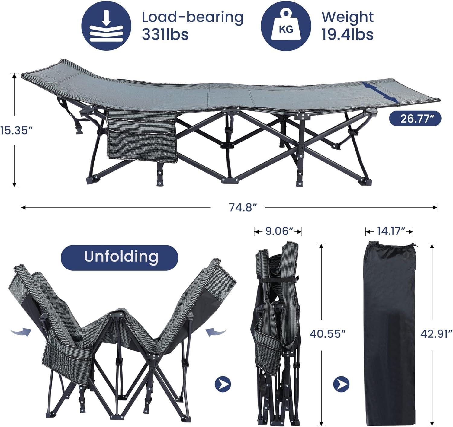 Folding Camping Cot for Adults, Lightweight Portable Outdoor Bed with Mattress &Portable Bag, Sleeping Cot for Camping, Office, Home Nap, Outdoor Travel, Black