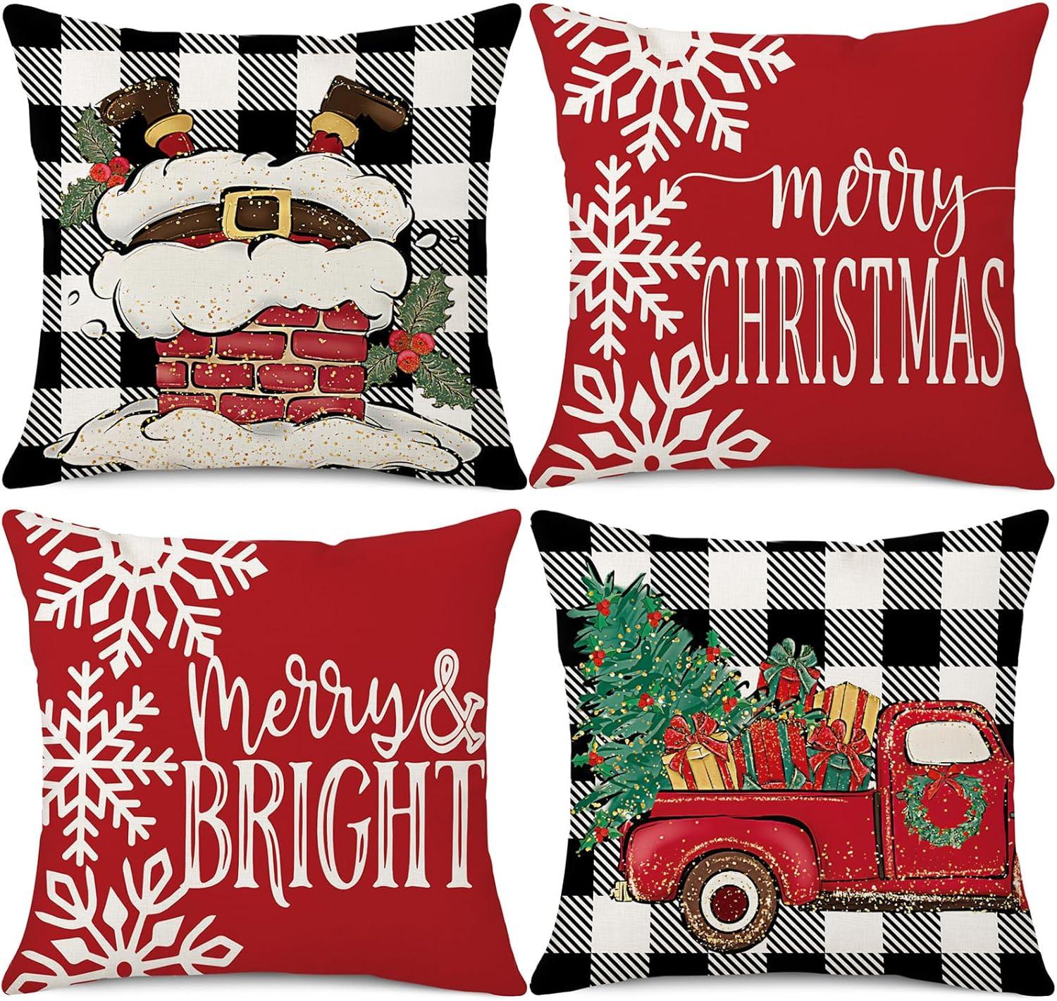 BEAUTY Merry Christmas Throw Pillow Covers 18 x 18 Inch Set of 4  Red Barn Merry & Bright Xmas Farmhouse Holiday Pillowcases for Home Outdoor Decoration CP053-18