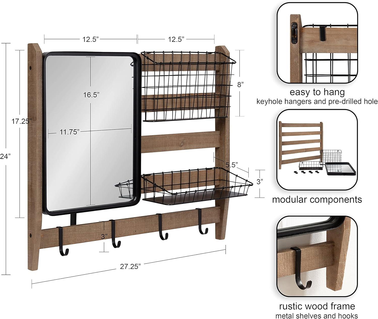 Rustic Brown Wall Organizer with Mirror and Hooks