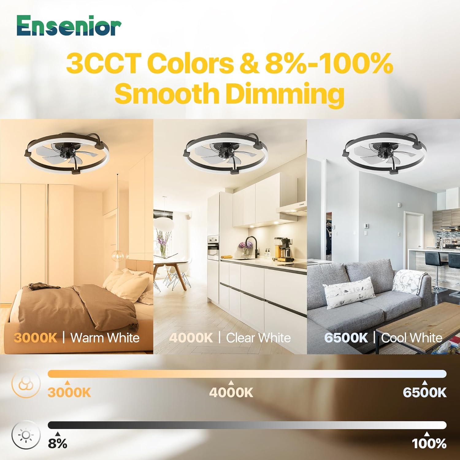 Ensenior 20'' Low Profile Ceiling Fans with Lights and Remote, Fandelier Ceiling Fan Flush Mount, APP Control, 6 Speed & 3000K-6500K Stepless Dimmable Small Ceiling Fan with Light for Bedroom - Black