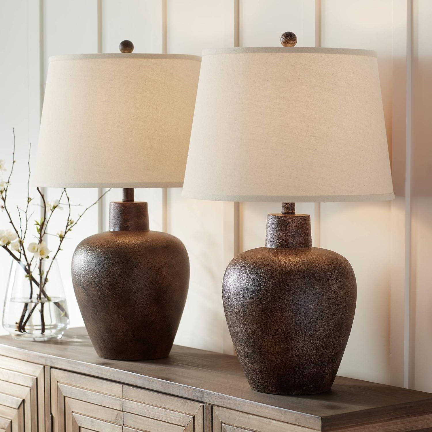 Set of 2 Dark Terra Cotta Urn Table Lamps with Tapered Fabric Drum Shades