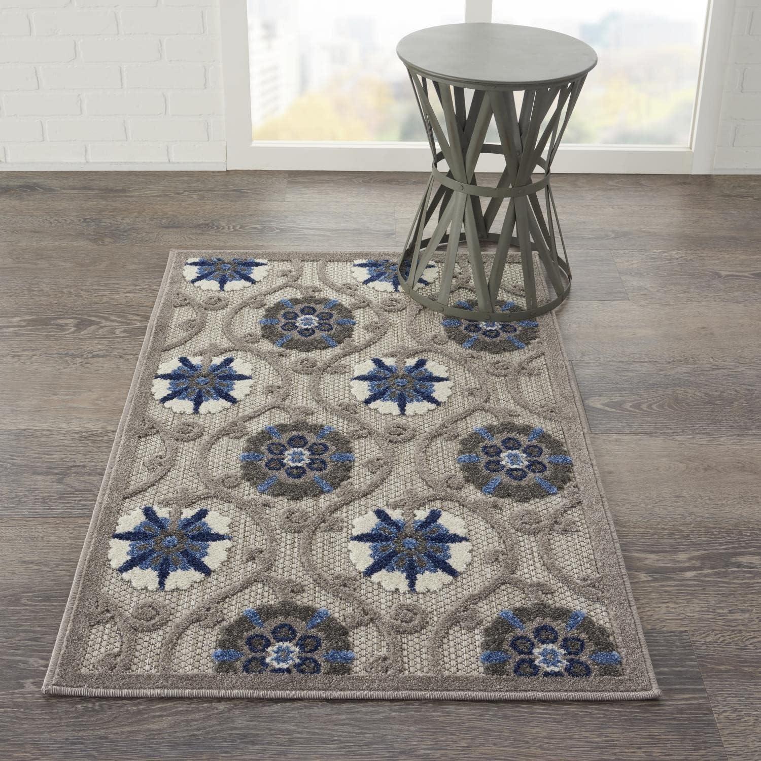 Nourison Aloha Contemporary Floral Flatweave High-Low Indoor Outdoor Area Rug Grey/Blue 2'8" x 4'