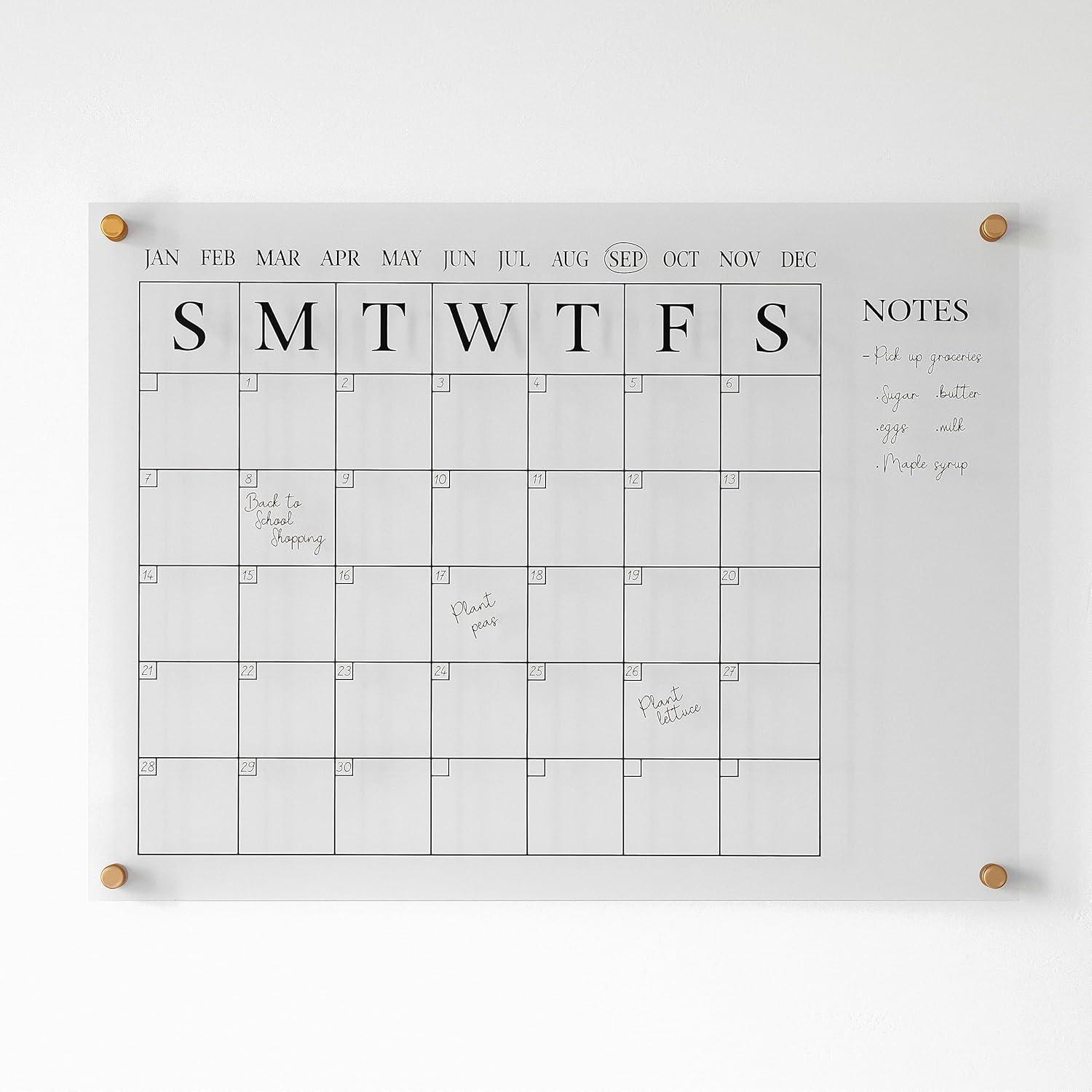 Martha Stewart Grayson Acrylic Wall Calendar with Notes with Dry Erase Marker and Mounting Hardware, 24" x 18", w/Black Print