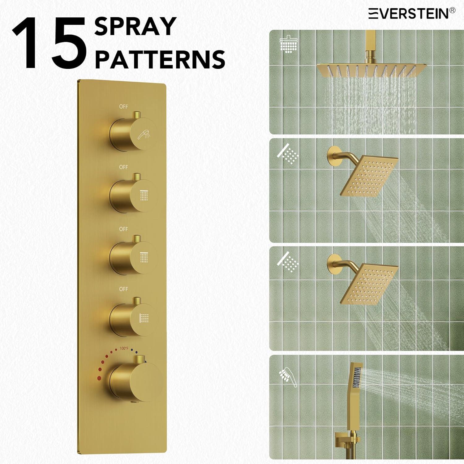 15-Spray Patterns 16" & 6" Triple Shower Heads, Shower FaucetSystem with Thermostatic Rough-in Valve
