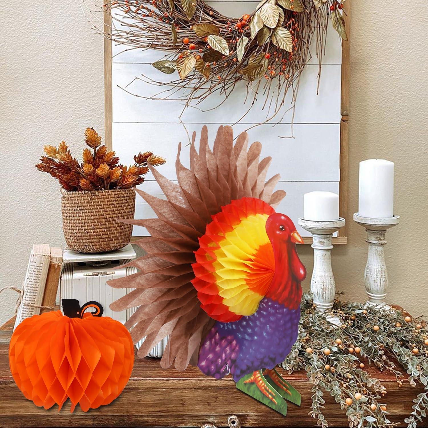 FORUP Thanksgiving Tissue Turkey Decorations - Turkey Pumpkin Centerpiece with Artificial Maple Leaves for Harvest Party Table Accessories