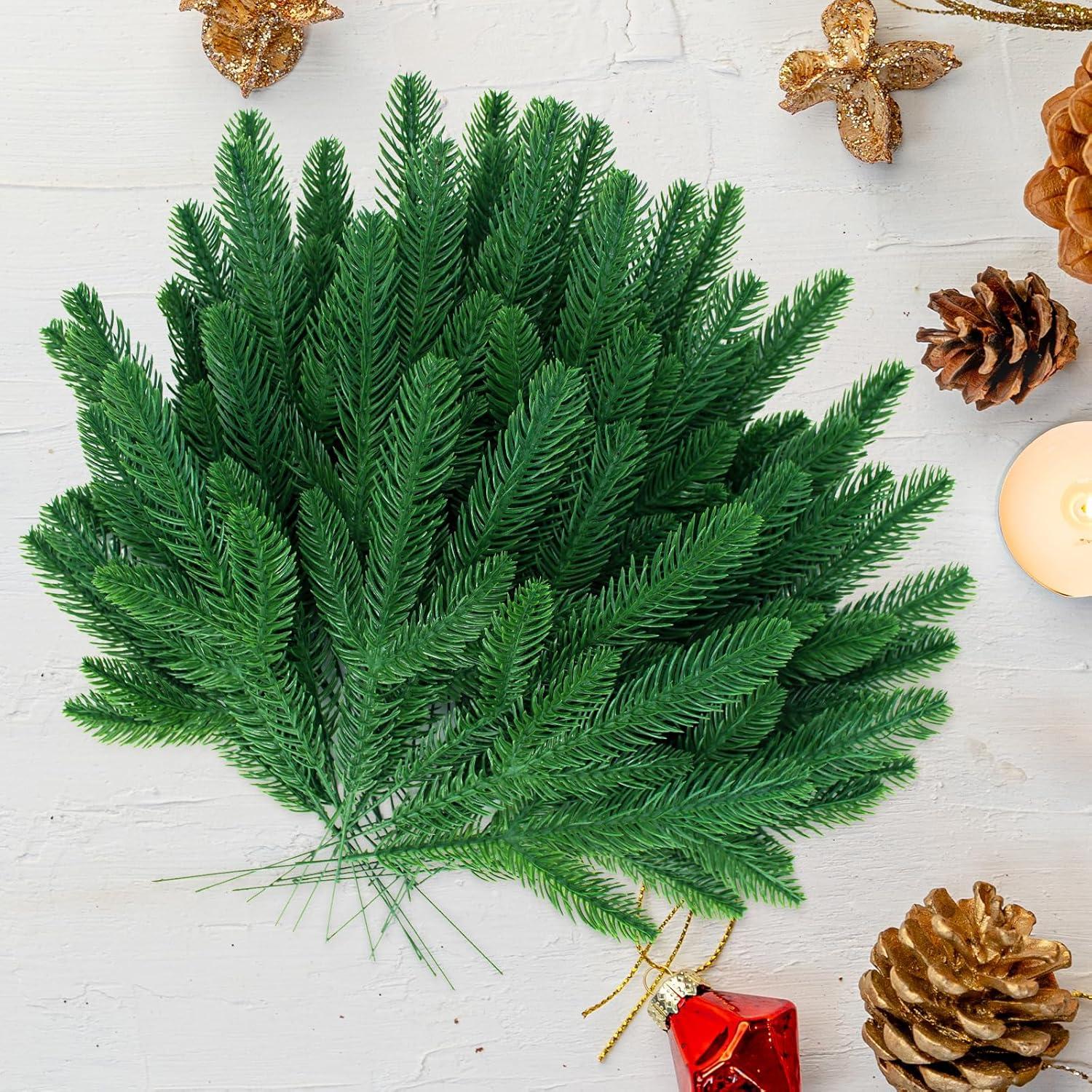 50 Pcs Artificial Pine Branches Christmas Pine Needles Green Plants Fake Greenery Pine Picks Christmas Decorations for DIY Garland Wreath Xmas Embellishing and Home Garden Decoration