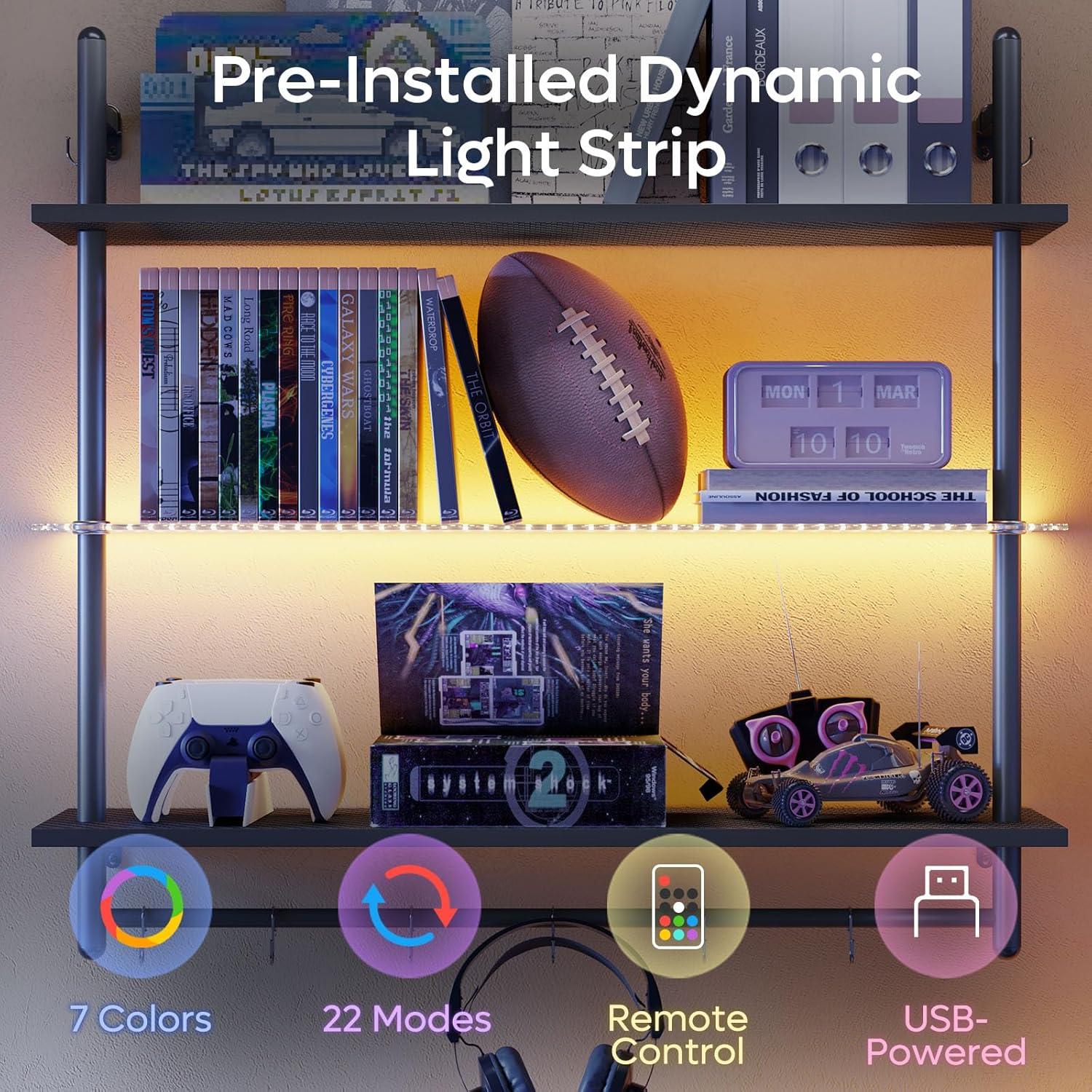 Bestier Gaming LED Floating Shelves for Wall, 41" Wall Mounted Shelf Pipe Glass Shelves, 3 Tier Hanging Display Rack with 8 S-Hooks Towel Bar, Kitchen Gaming Room Wall Decor, Carbon Fiber Black