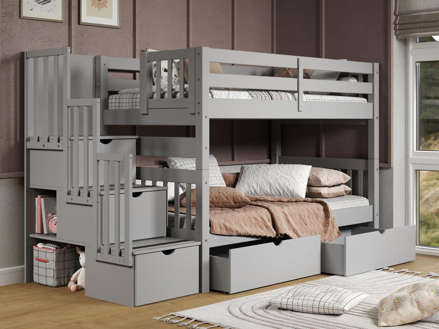 Bedz King Stairway Bunk Beds Twin over Twin with 3 Drawers in the Steps and 2 Under Bed Drawers, Dark Cherry