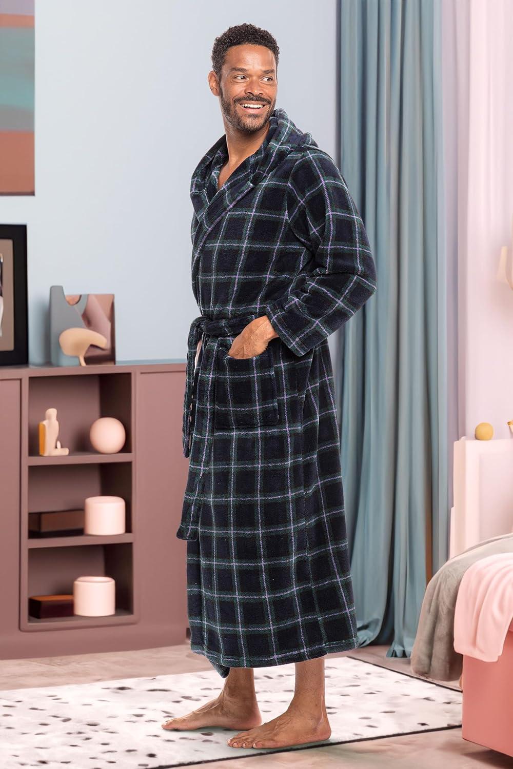ADR Mens Robe, Plush Fleece Hooded Bathrobe Men, Men's Bathrobes, Big and Tall Bath Robe for Men Blue and Green Tartan Plaid 2XL
