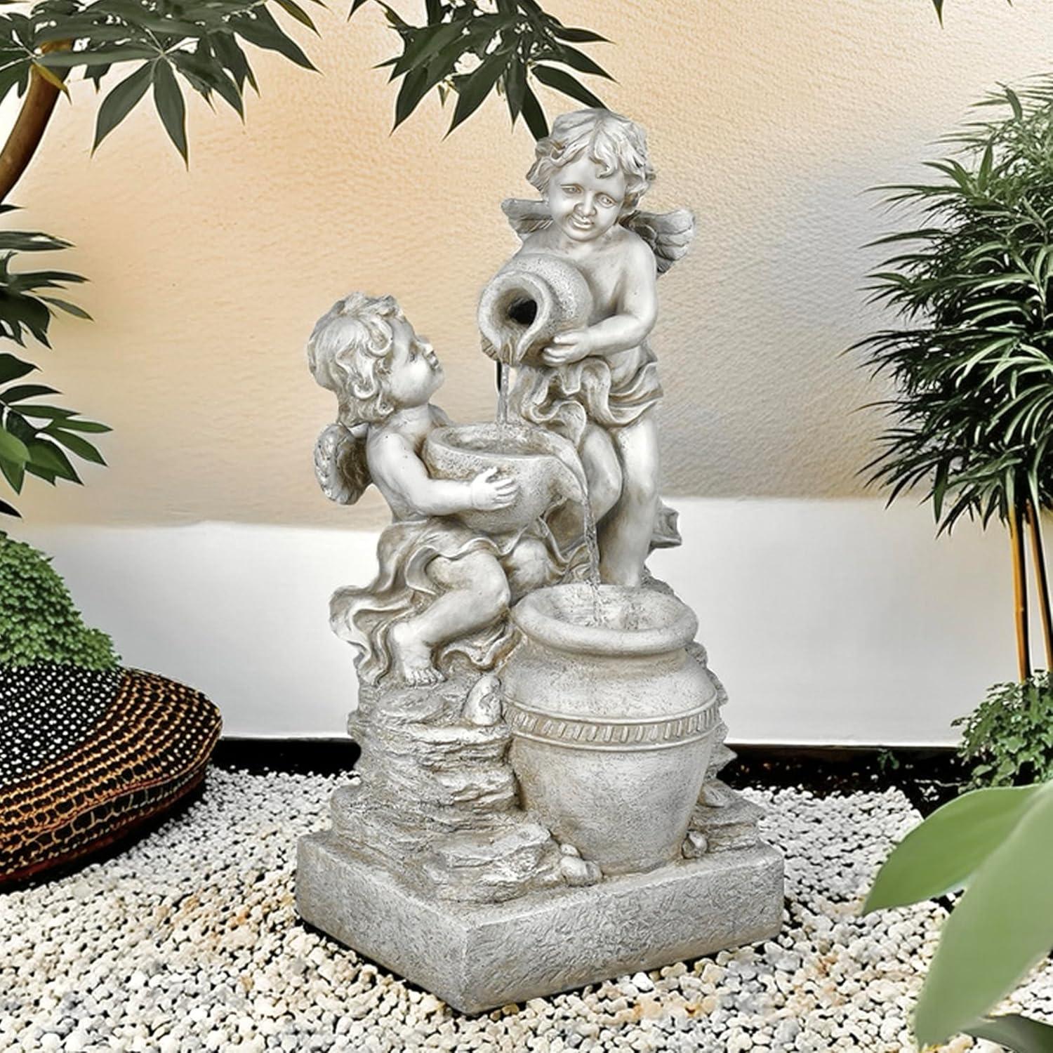 LuxenHome 30” Gray Resin Cherub Angels Outdoor Water Fountain with LED Lights, Garden Fountain Decor for Yard