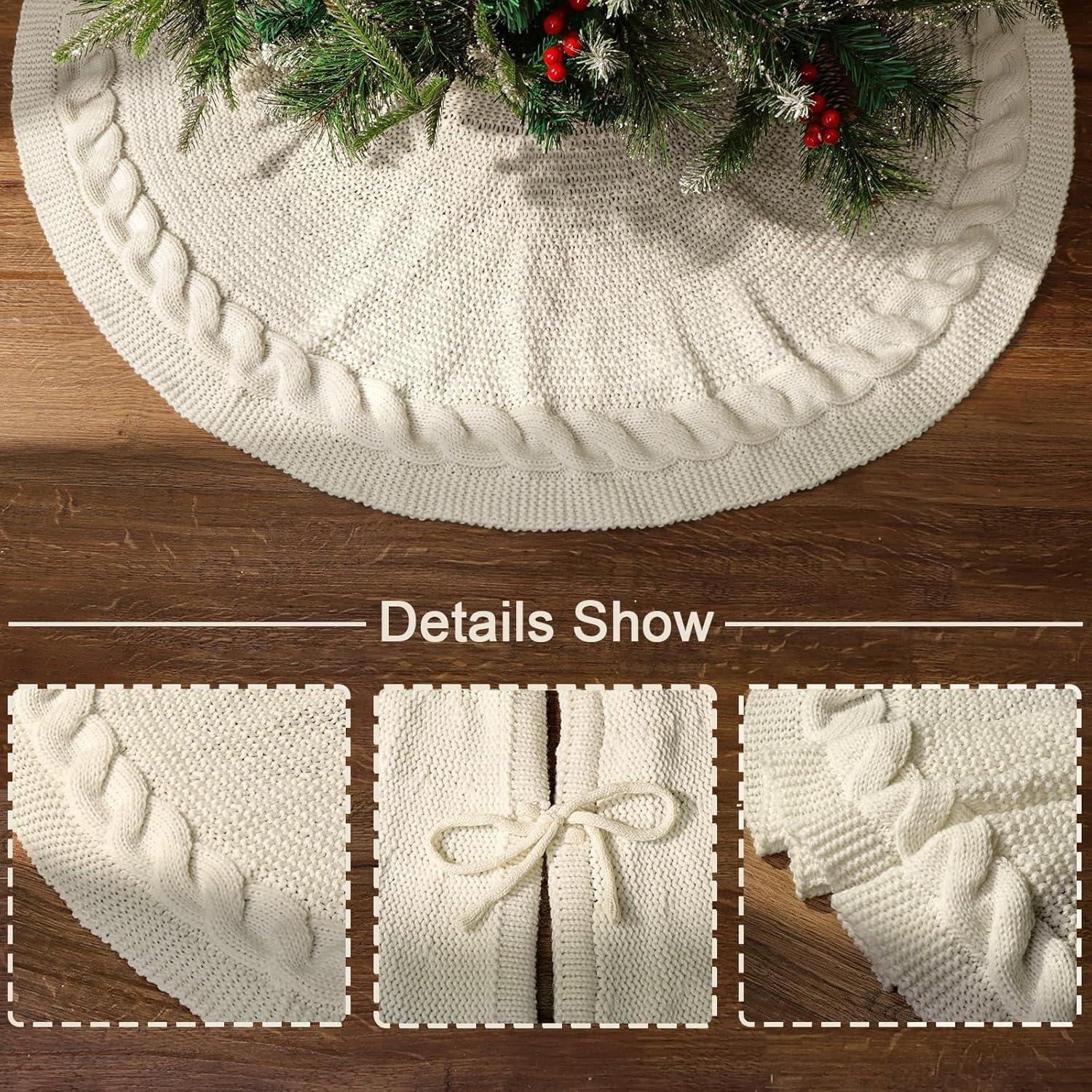 Taotanxi Knitted Christmas Tree Skirt :36 Inches(About 91 Cm)Cream Color White Tree Skirt Woven Twisted Knit Chunky Rustic Christmas Tree Decoration Christmas Holiday Home Party Decoration