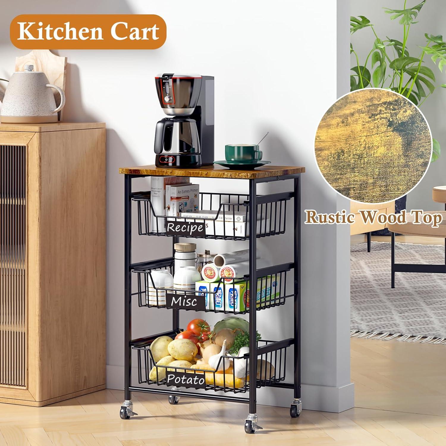 Small Kitchen Storage Cart On Wheels, Metal Fruit Basket Stand With Pull-Out Baskets & Wood Top For Potato Onion Produce Snack Veggies,(4-Tier /Black+ Rustic Board)