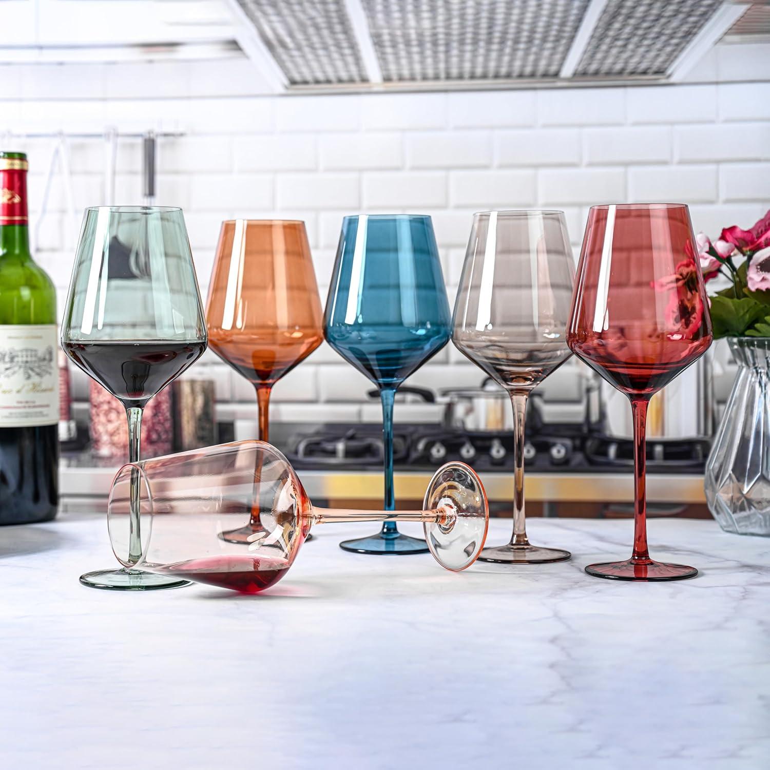 Bella Vino Set of 6 Multi Colored Crystal Wine Glasses - 18oz.