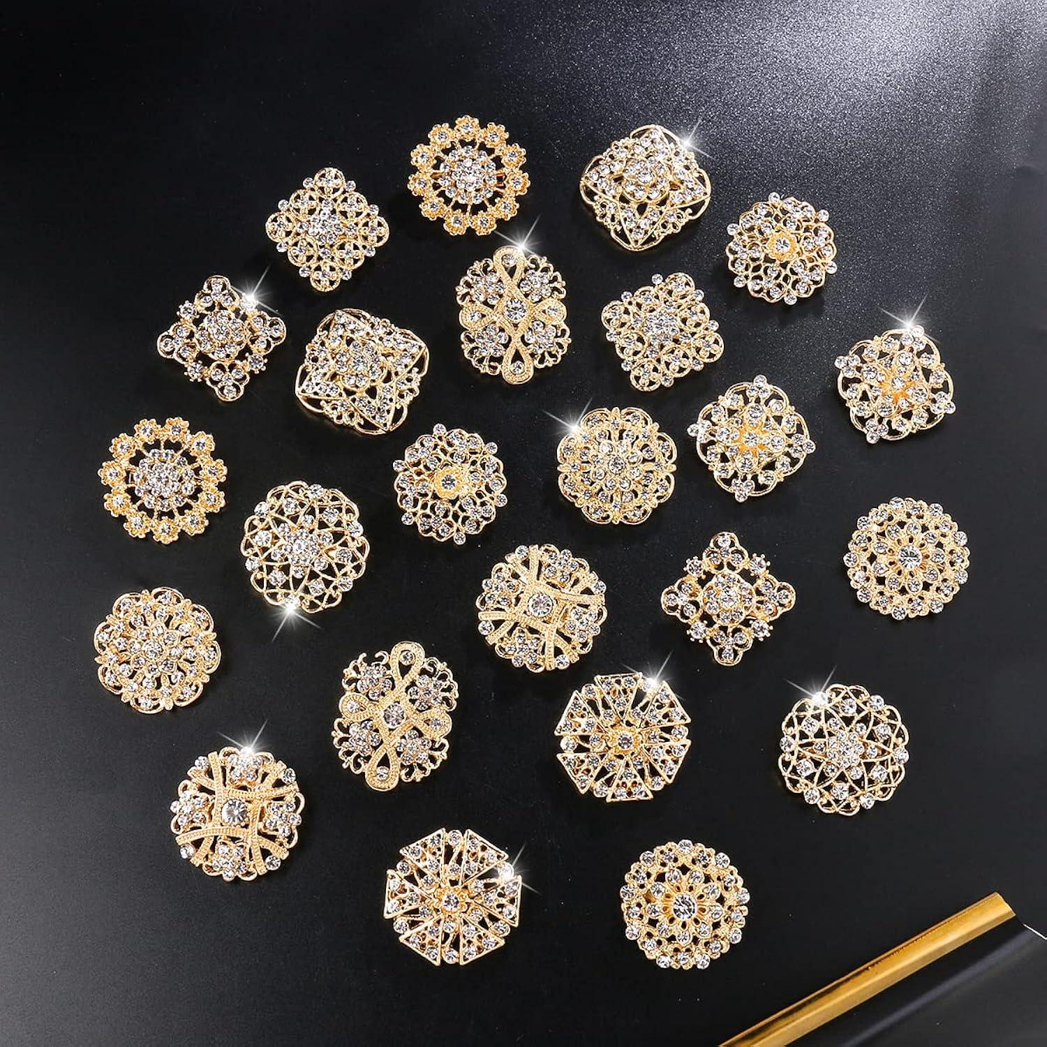 Zhouqiannn Exquisite Alloy Brooches with Rhinestones 24pc Golden Set for Wedding Bouquets and Dresses Birthday Party Event Wristbands Event Dress Party Flag Tropical Party Decorations Party Dress for