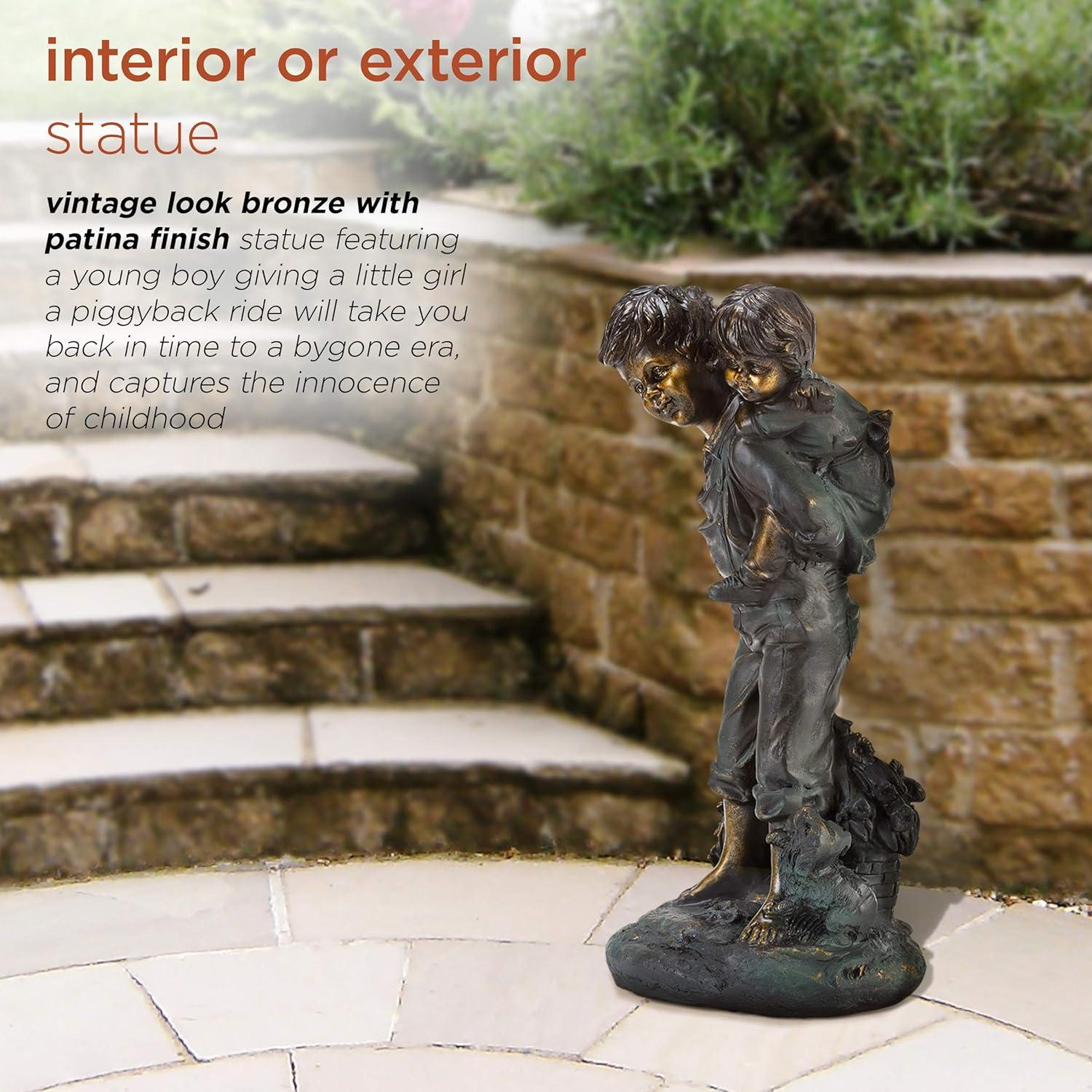 Alpine Corporation 16" Polyresin Girl and Boy with Dog Sitting on Bench Sculpture Bronze: Durable Outdoor Decor, Magnesium Oxide, Rust-Resistant