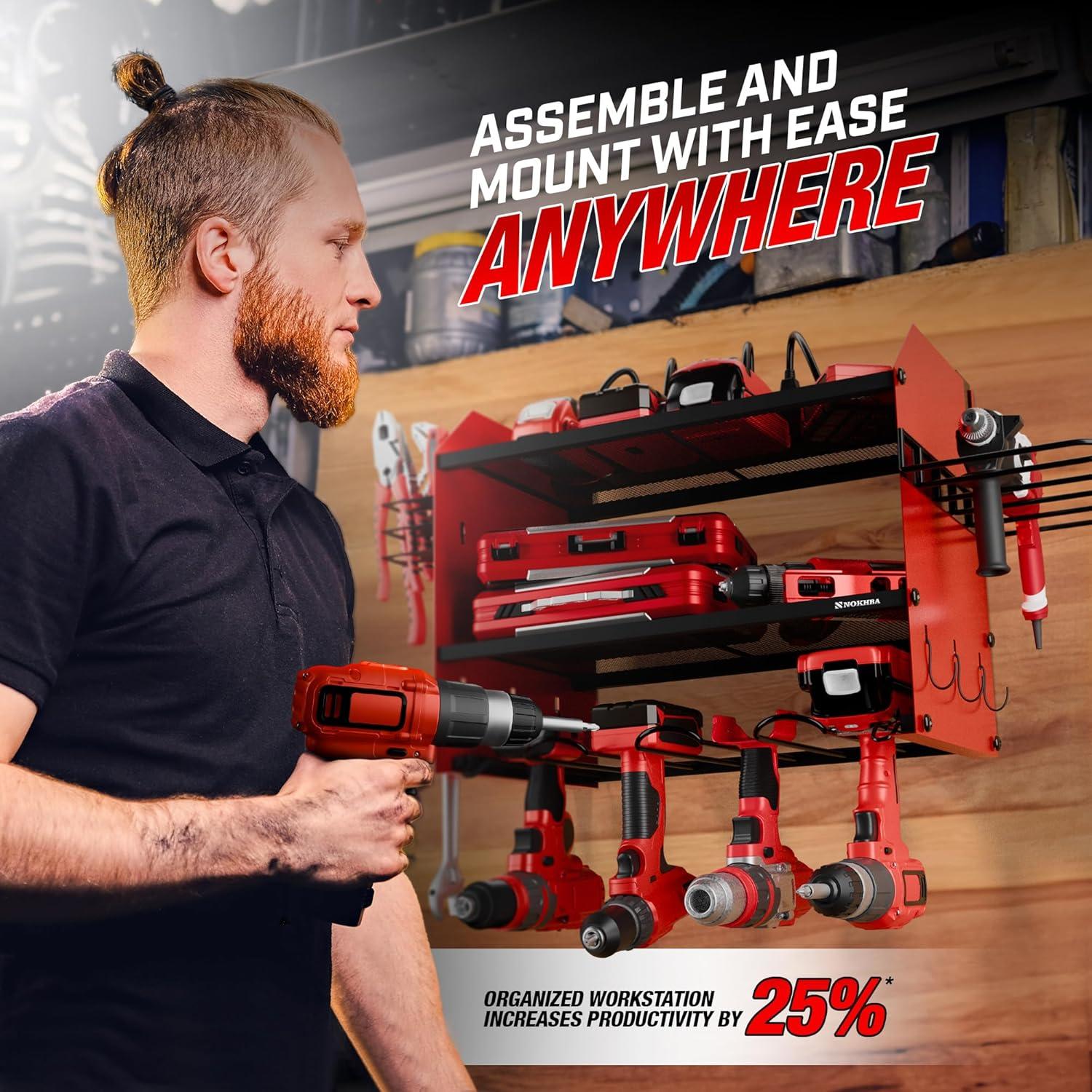 Modular Power Tool Organizer Wall Mount and Tool Charging Station. Garage 4 Drill Storage Shelf with Hooks, Heavy Duty Drill Holder Wall Mount, Tool Battery Holder Built in 8 Outlet Power Strip