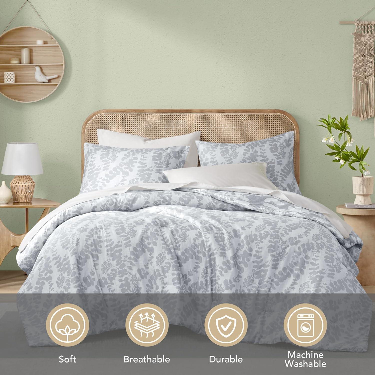 Codi Gray Floral Comforter Set Queen Size, Botanical Bedding Sets | Nature Style, Unique Reversible Design, Better for Spring and Summer | Leaf Print 3 Pieces