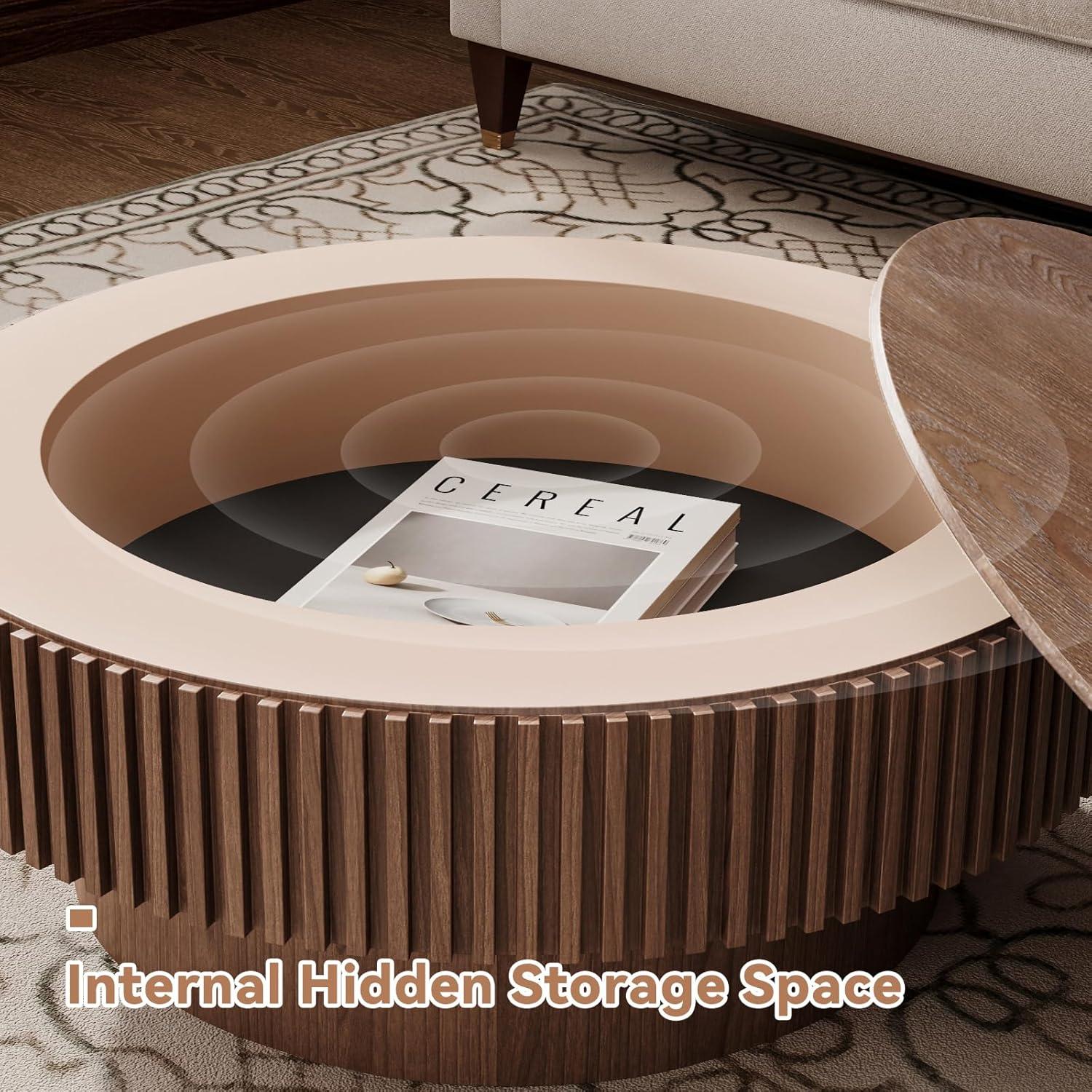 31.5" Round Wood Coffee Table with Storage - Modern Drum Circle Fluted Side Table for Apartment, Office - Easy Assembly, Walnut