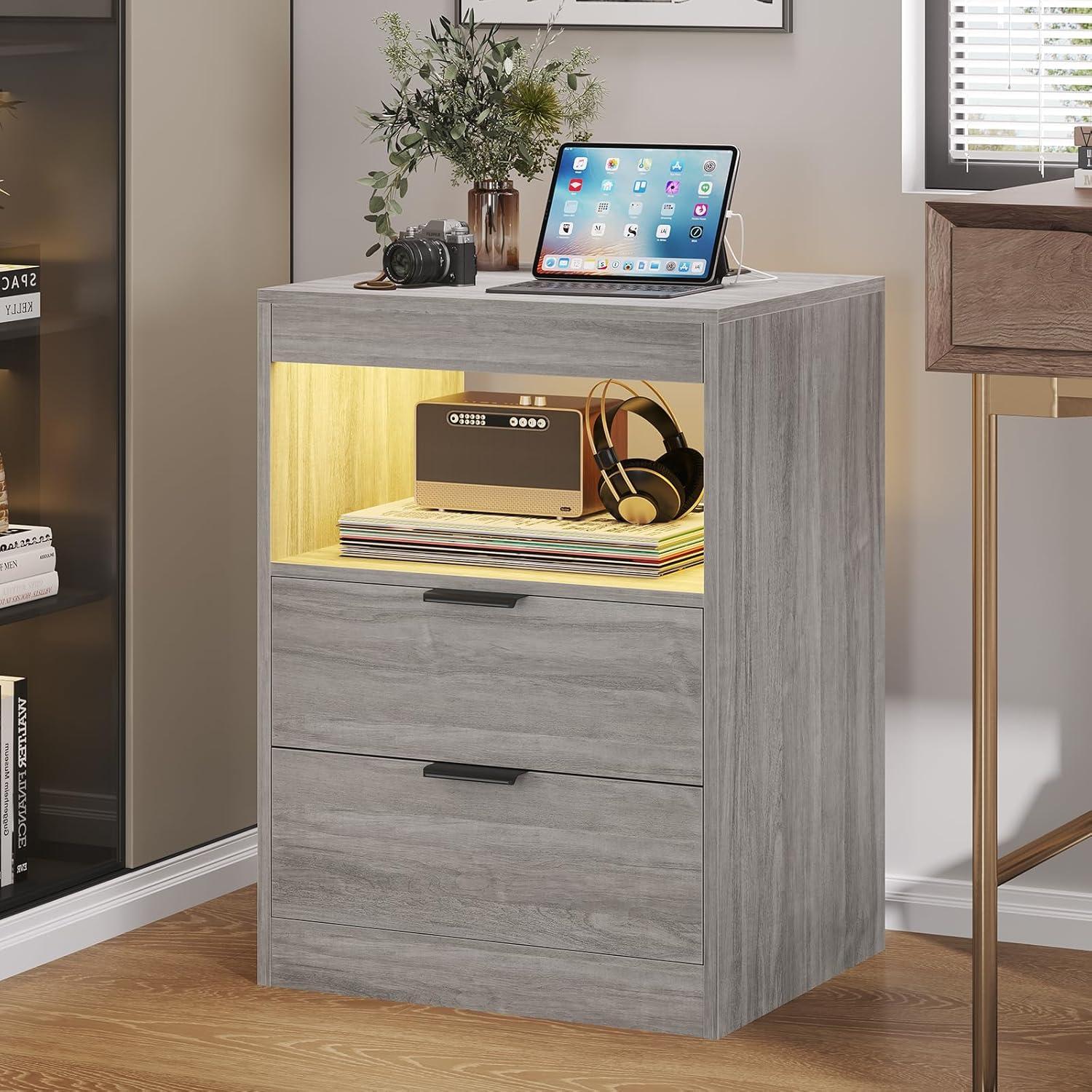 Exlonjet Black Nightstand with Wireless Charging Station and LED Lights, Bedside Table with 2 Drawers, Open Storage, 1 Pull-Out Tray, End Side Table with Charging Station, LED Night Stand with Storage