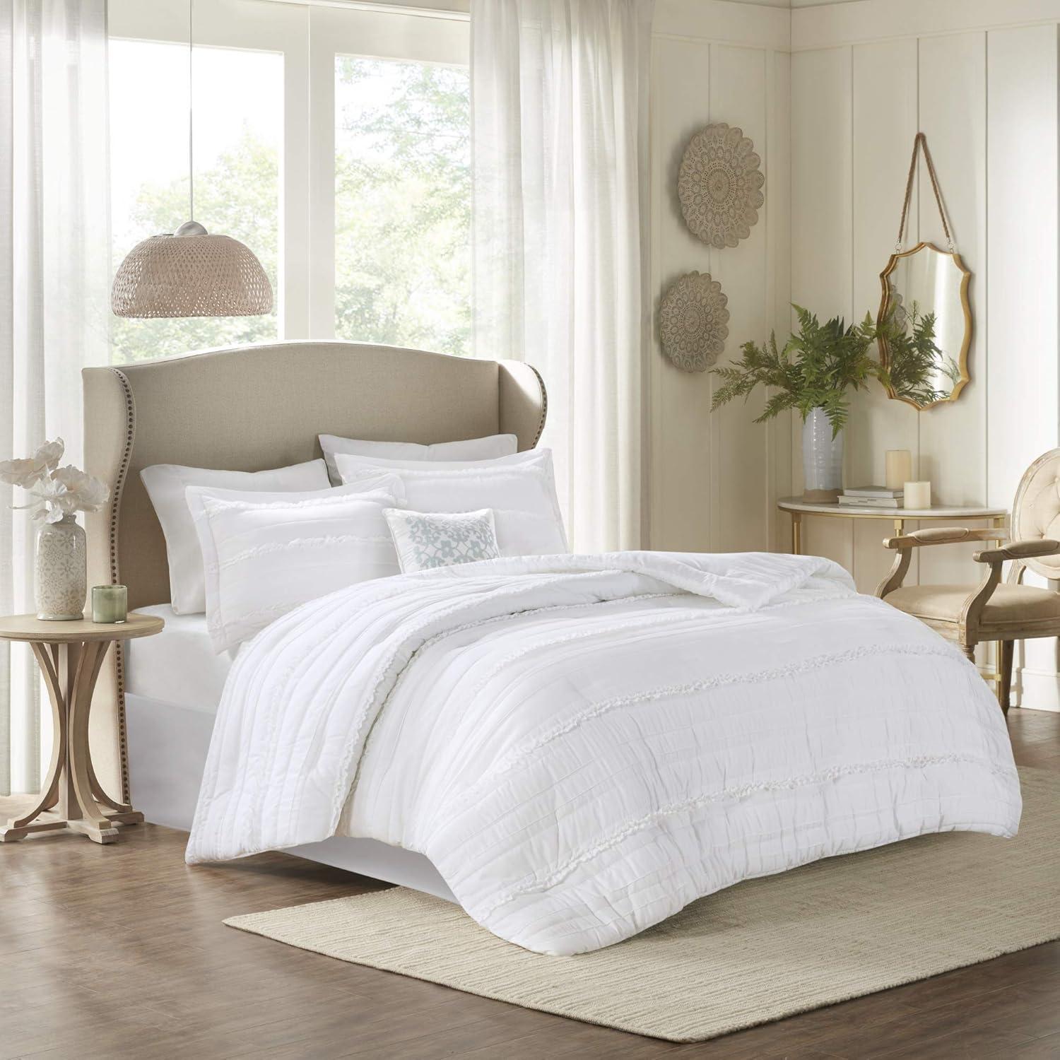 Serene White Queen Ruffled 5-Piece Microfiber Comforter Set