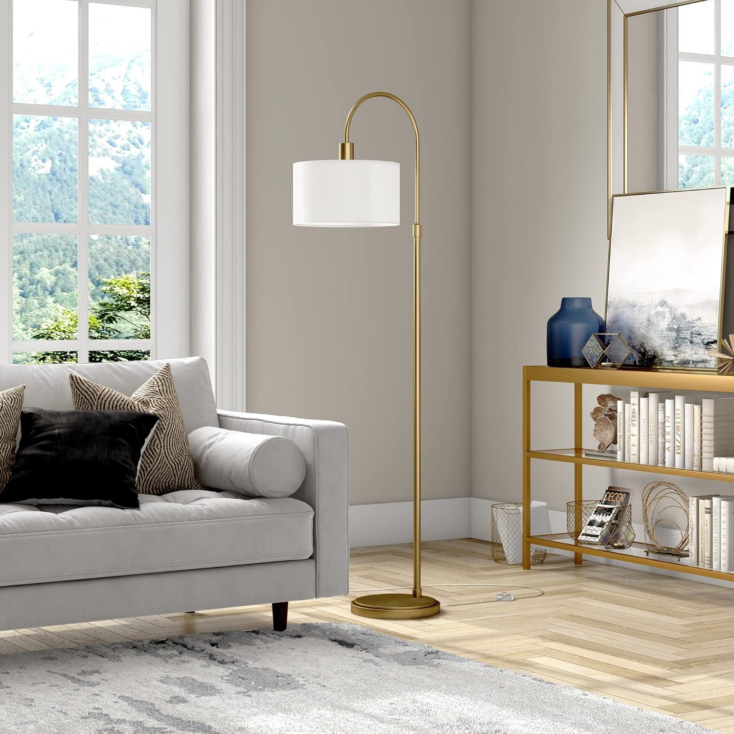Evelyn&Zoe Veronica 70" Tall Arc Floor Lamp with Fabric Shade, Brushed Nickel/White